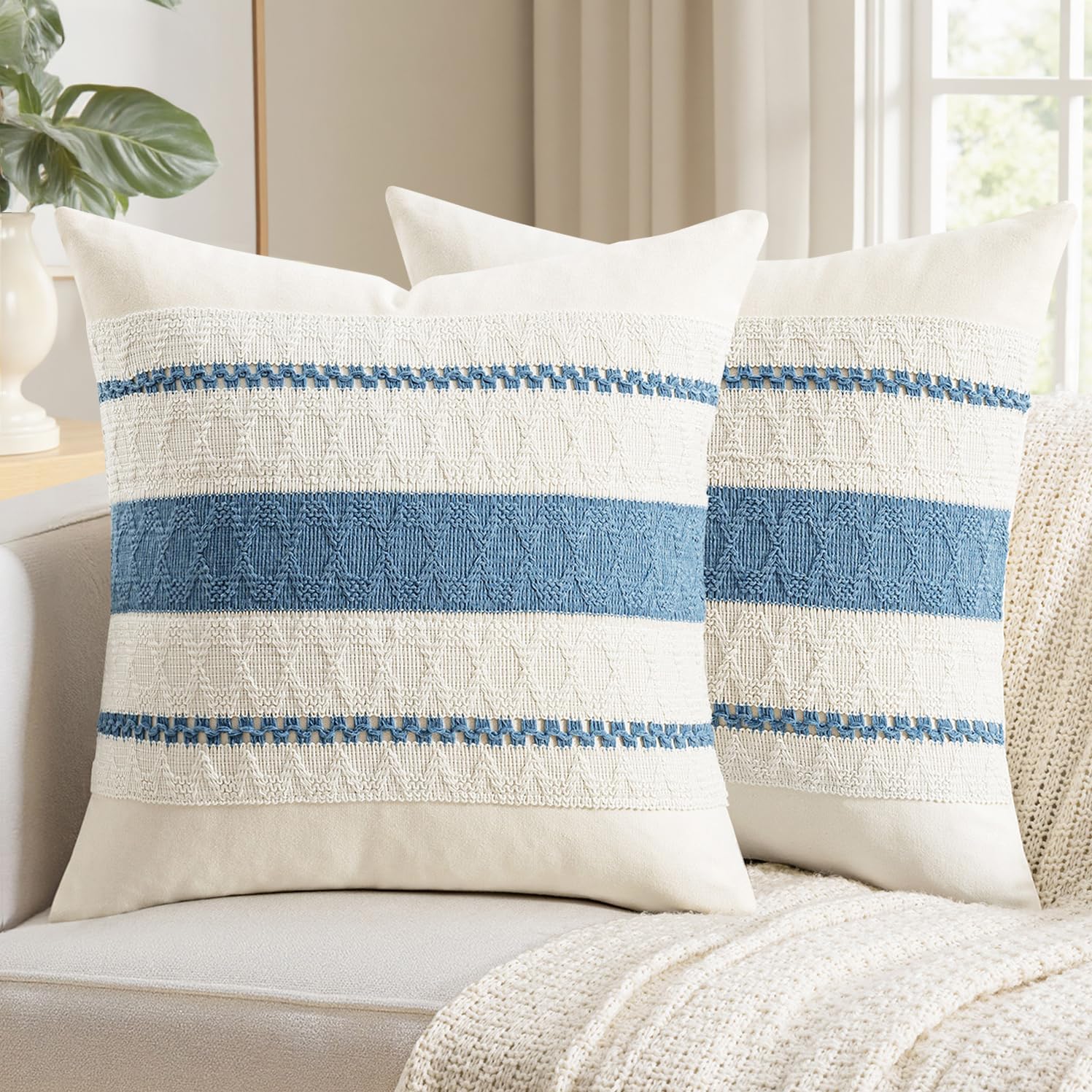 Woaboy Set of 2 Decorative Pillow Covers Boho Farmhouse Couch Throw Pillows Modern Cotton Cushion Covers Macrame Woven Spring Home Decor for Bed Sofa Chair 18x18 Inch Blue