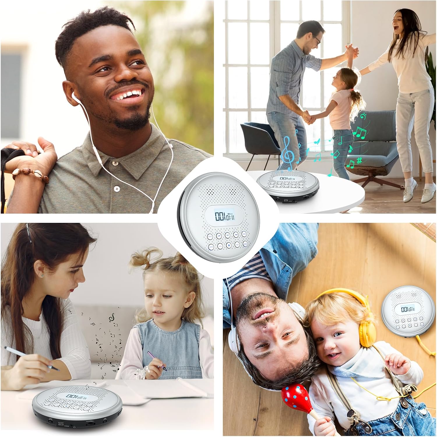 Collage of people using the Arafuna CD player in various scenarios: with headphones, with built-in speakers for dancing, and for studying.