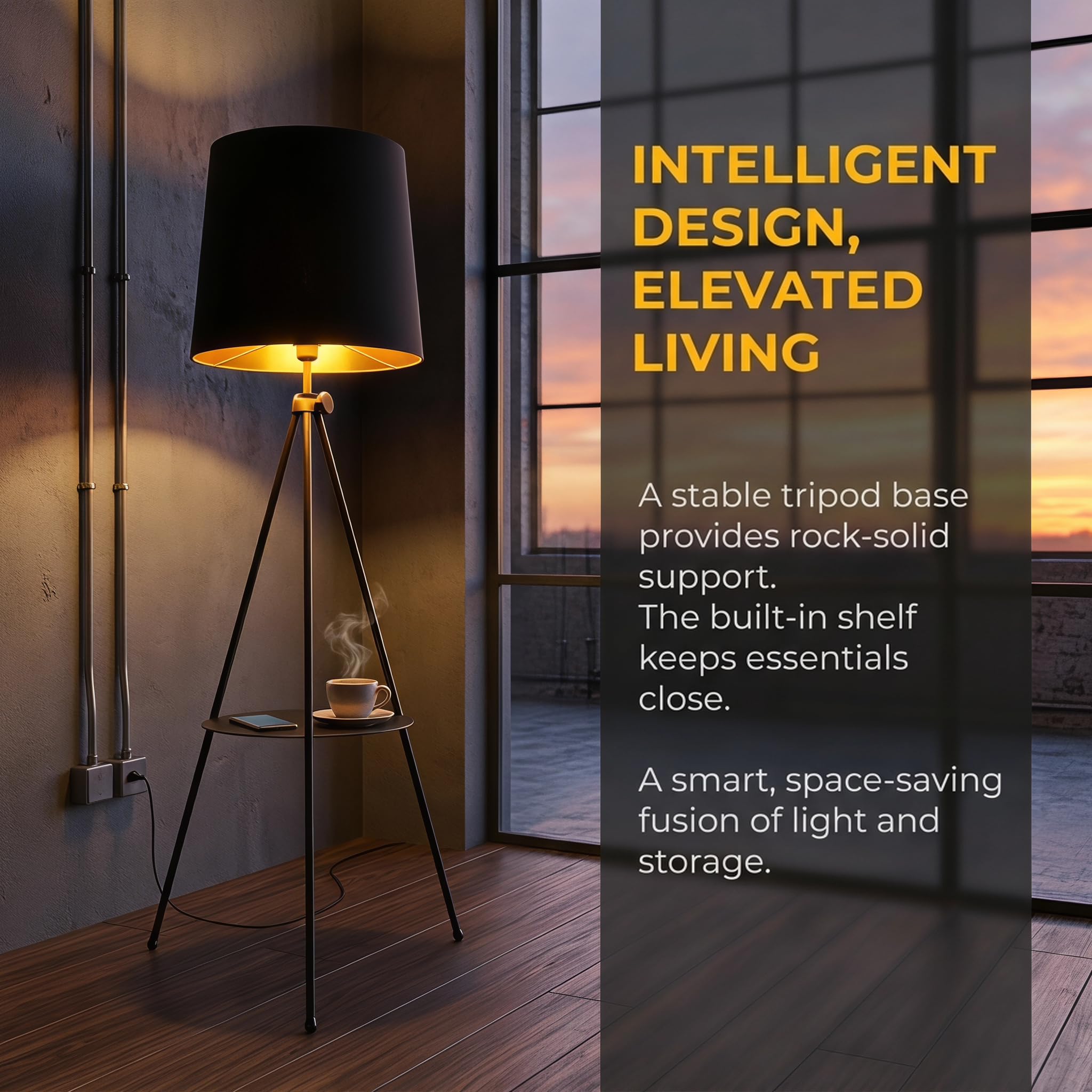 BARCELONA LED Madison Dreibein Stehlampe Mit Ablagetisch Schwarz | Holz, Textilschirm, höhenverstellbar, Ambientebeleuchtung, multifunktionales Design