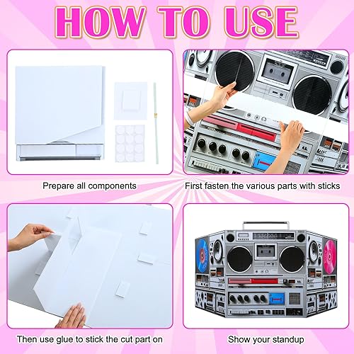 Miniatura 3 de 3 pies retro 70s 80s 90s fiesta temática discoteca decoración boom box cartón stand up recorte boom box hip hop tema stand up foto prop fiesta