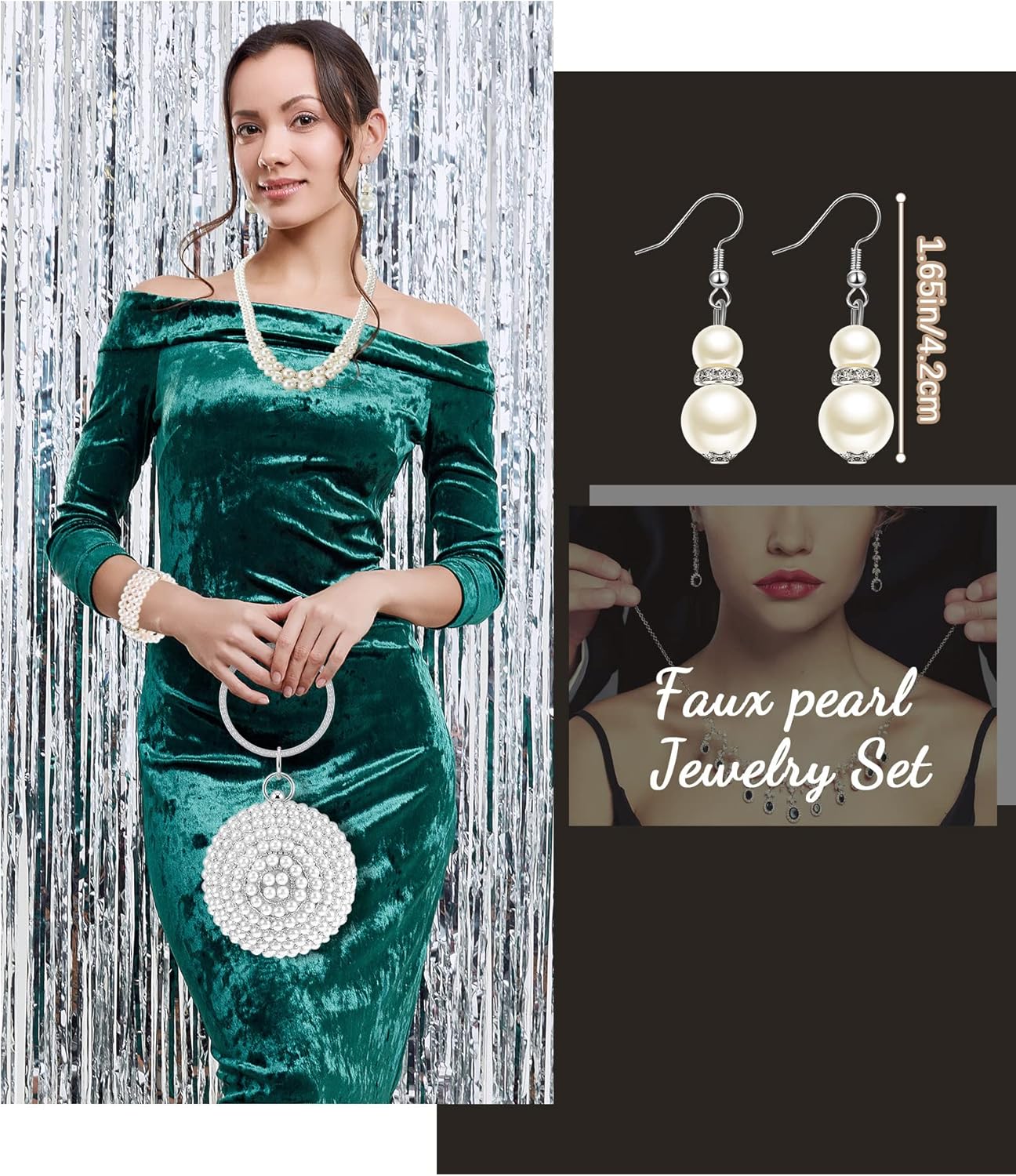 4 Pcs Faux Pearl Evening Clutch Purse Round Ball Silver Rhinestone Bag Pearl Jewelry Set for Women Evening Wedding Artificial Handbag - Image 6