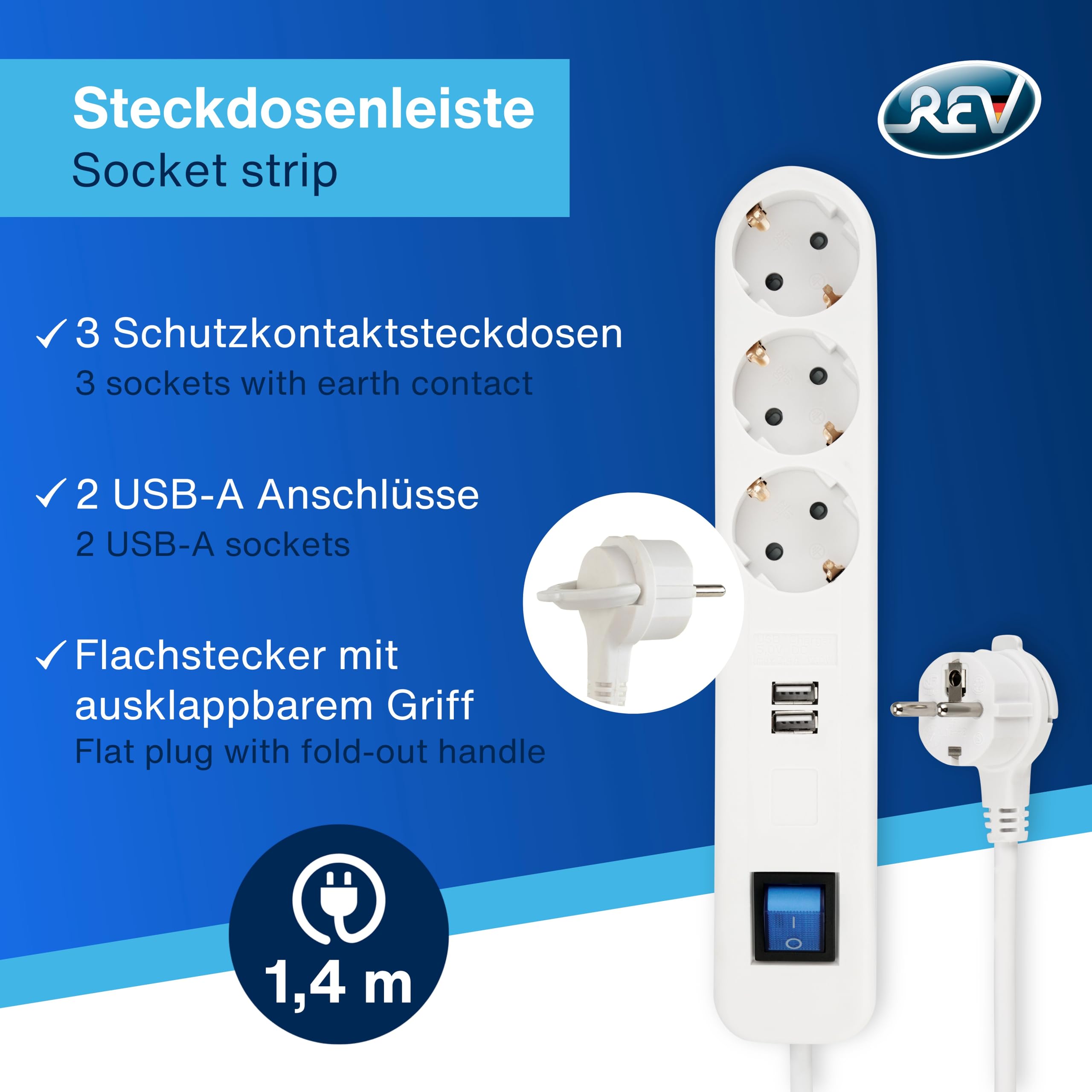 REV ICE listwa zasilająca z USB, 3 gniazda, gniazdo USB, 2 x USB, ładowarka, 1,4 m, maks. 3680 W, biała