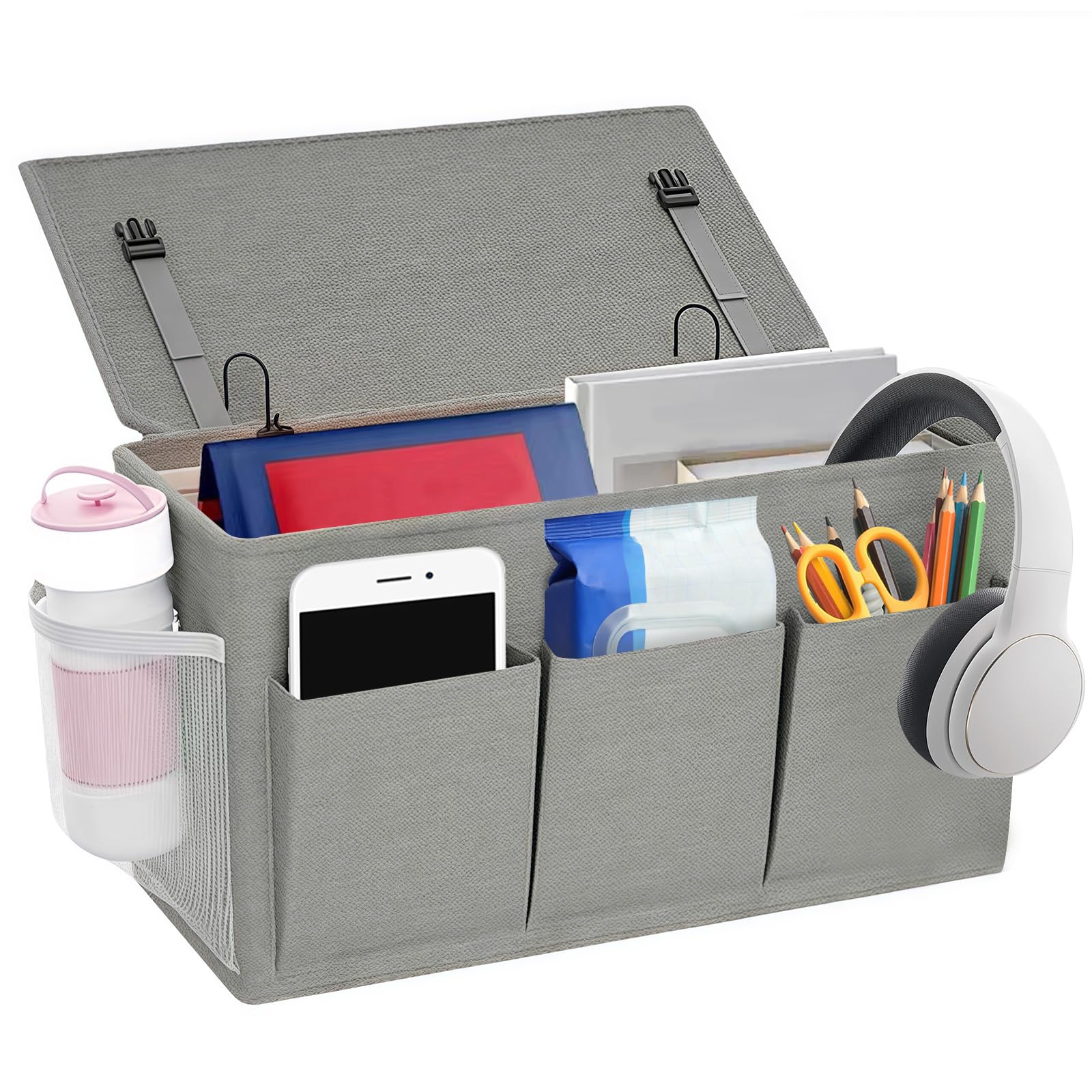 Bedside Storage Organiser, Versatile Hanging Storage Organiser Solution Magazine Remotes Holder, Bedside Organizer with 6 Pockets, Bed Accessories Ideal for Home, Dorm, Hospital, Crib Bed (Grey 1pcs)