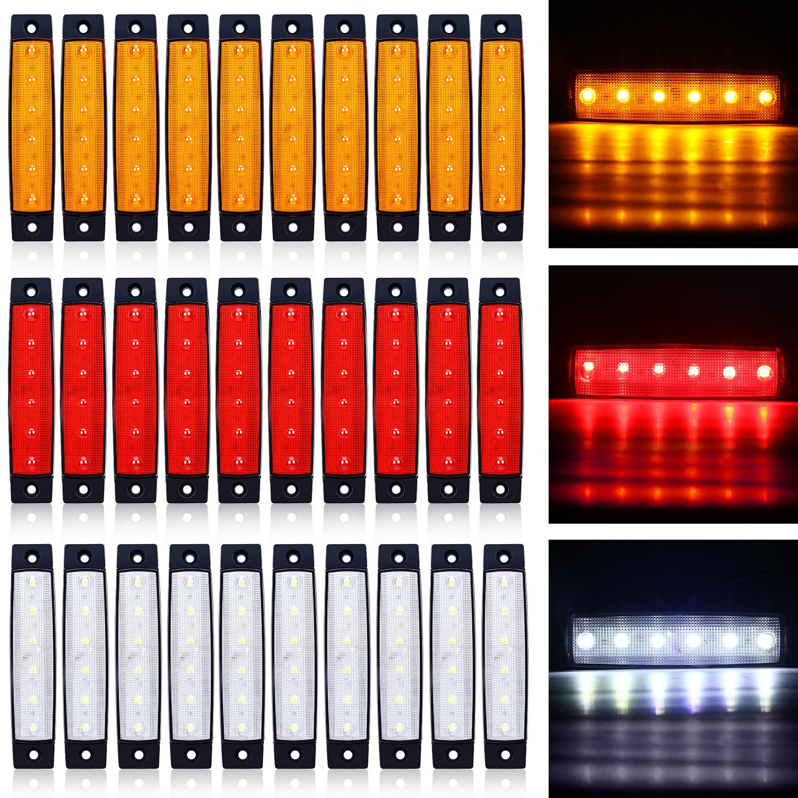 Tallew 3.8 Inch 20 Amber 20 Red 20 White LED Side Marker Lights 6 LED Trailer Marker Lights, Rear Side Marker Lamp, LED Marker Lights for Trucks, Cab Marker, RV Marker Light
