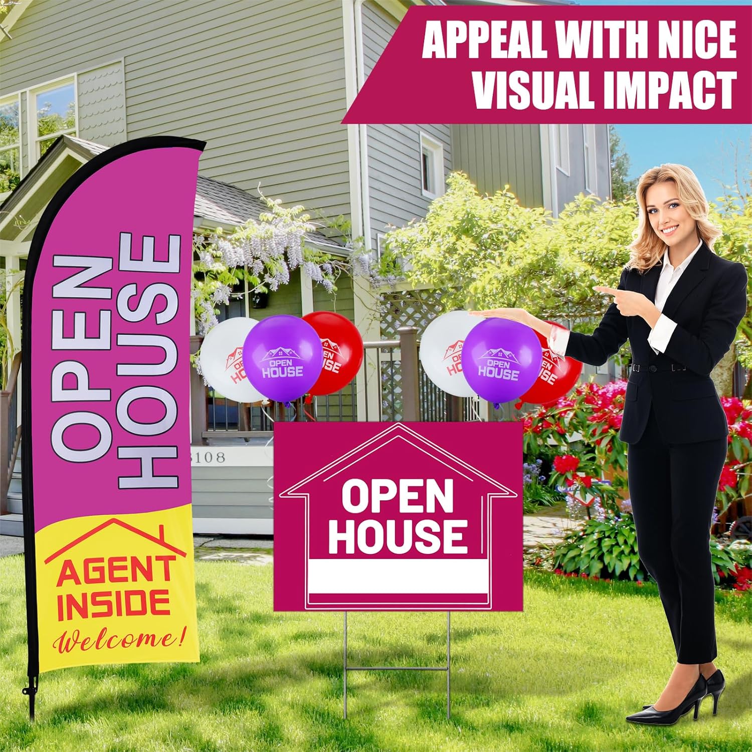 Buryeah 106 Pcs Real Estate Agent Supplies Accessories, 2 Open House Banner Flag with Pole Kit, 14 Yard Lawn Ground Sale Directional Arrows Signs with Stakes Double Sided and 90 Balloons (Purple)
