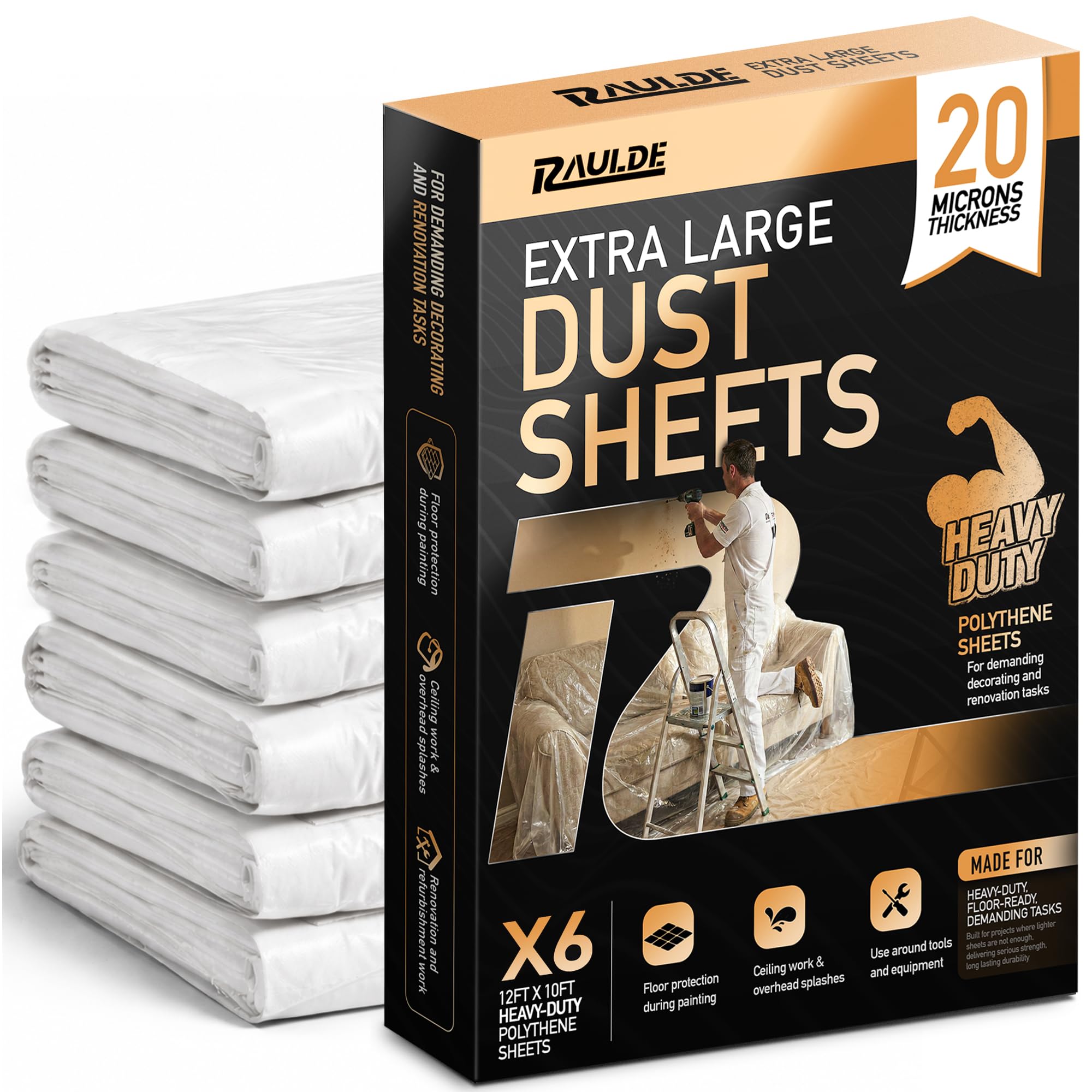 RAULDE Plastic Dust Sheets for Decorating Heavy Duty 12x10FT – 6 Pack Clear Plastic Sheeting – 20 microns Waterproof Floor Protection Sheet for Painting, Furniture Cover & DIY – Polythene Sheets