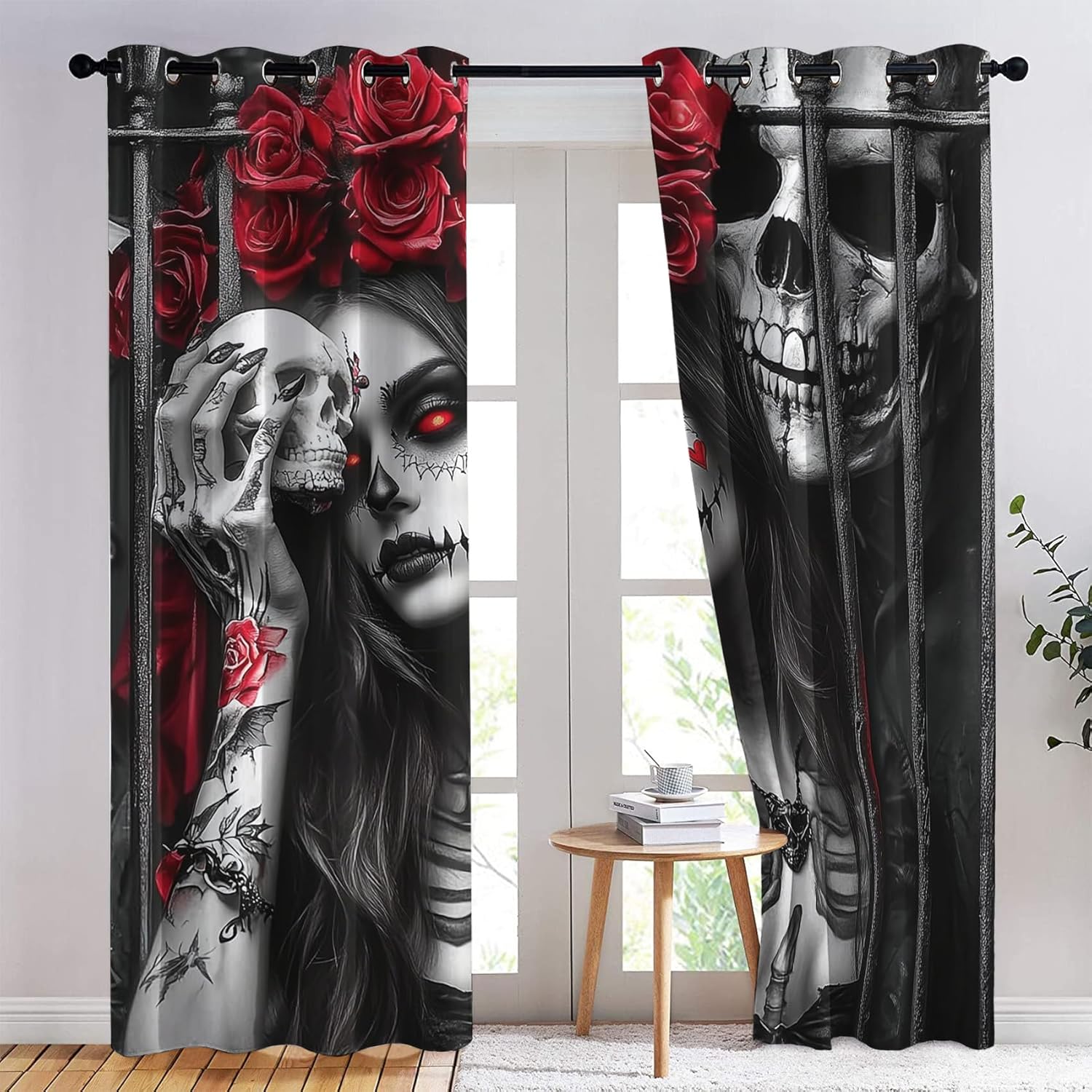Gothic Blackout Curtains for Bedroom Living Room, Thermal Insulated Room Darkening Grommet Drapes, Mexican Horror Skull Window Treatments & Home Decor, 63 Inch Curtains 2 Panel Set