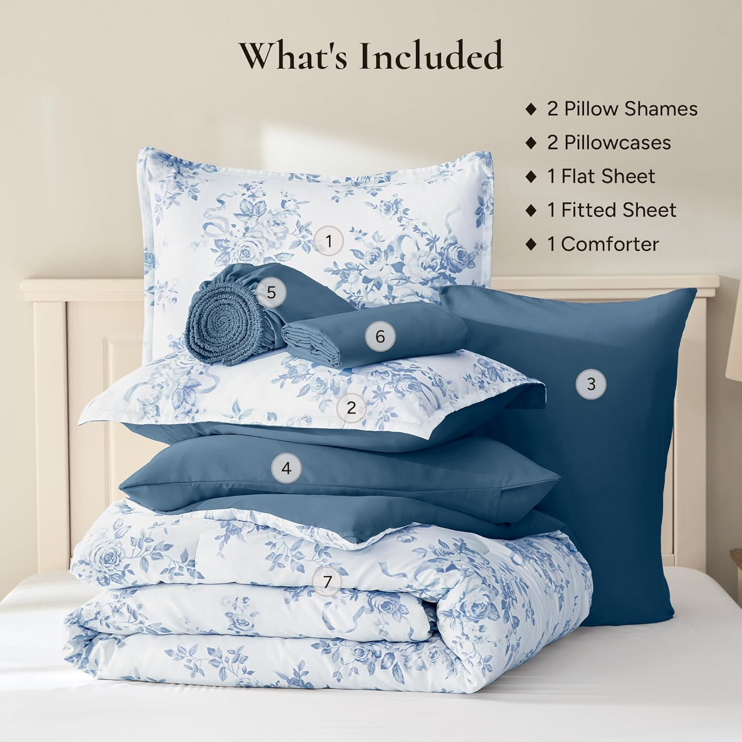 Andency Floral Comforter Set Queen Size, 7 Pieces Blue Flower Lightweight Bedding Set for All Seasons, Soft Vintage Bed in a Bag with Comforter, Sheets, Pillowcases & Shams