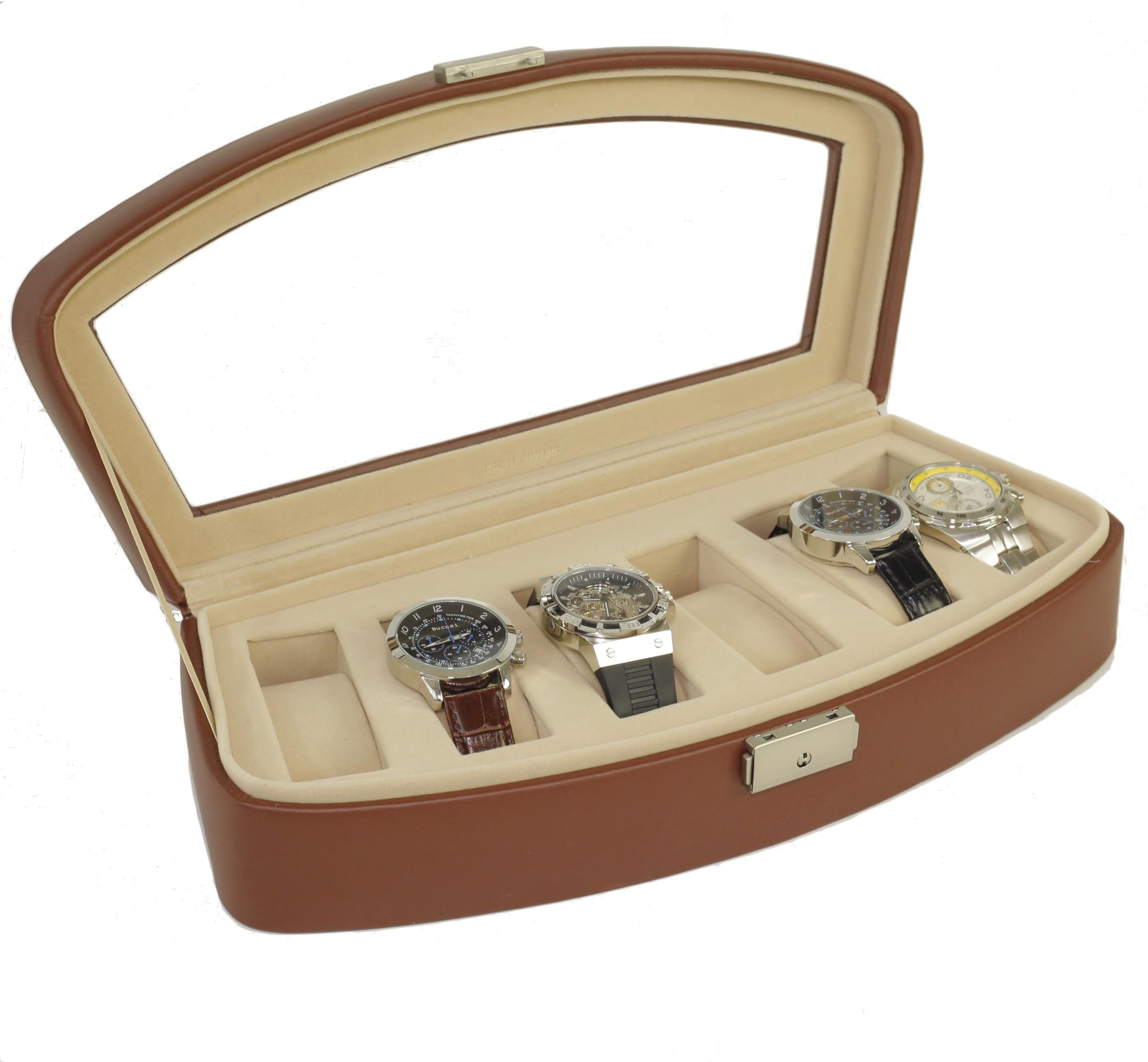Techswiss Leather Watch Box Storage Case Glass Lid (Brown)