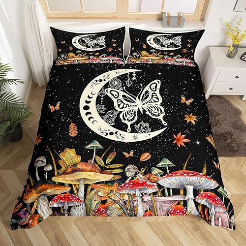 Miniatura 144 de Juego de funda de edredón de 3 piezas, diseño de hongos, diseño de hojas botánicas de acuarela y fresa, para niños, adolescentes, adultos, libélula