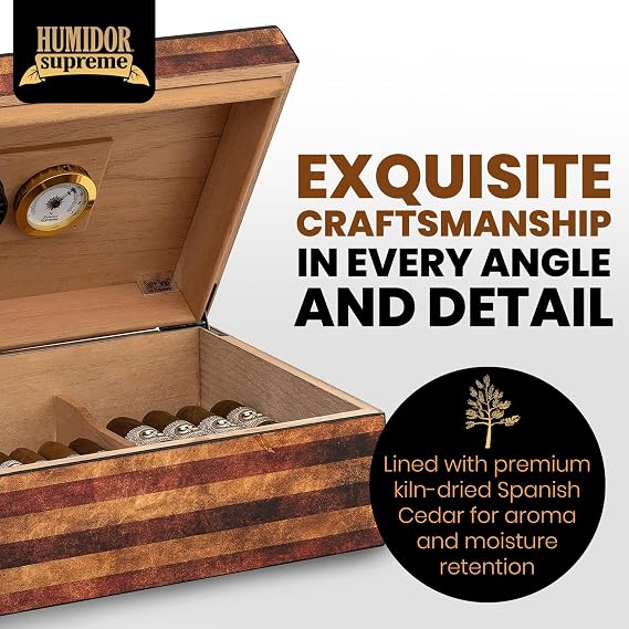Humidor Supreme Old Glory Humidor with Weathered American Flag Design | Desktop Cigar Storage for 25-50 Cigars | Spanish Cedar-Lined Cigar Box with Divider, Humidifier & Glass Hygrometer for Freshness