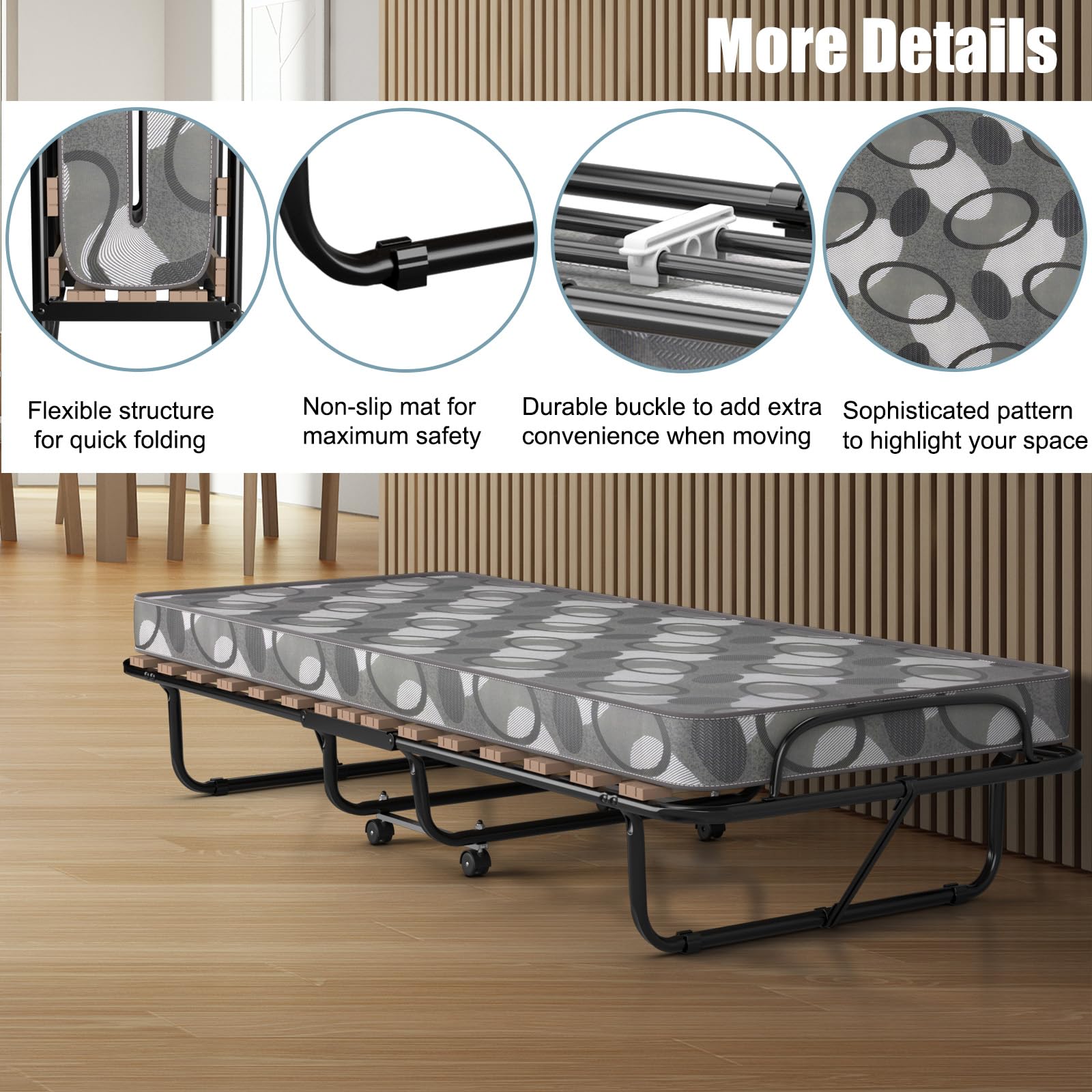 LIFEZEAL Brandina Pieghevole con Materasso, 190x80cm, Letto Singolo a Scomparsa, Letto di Emergenza per Ospite, con Ruote, Telaio in Acciaio, 15 Doghe in Legno, Salvaspazio, Max 120 kg, Made in Italy