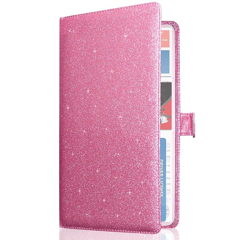 Organizador de Documentos Automotivos para Porta-Luvas Caweet em Couro Sintético PU com Fechamento Magnético Glitter Pink-1