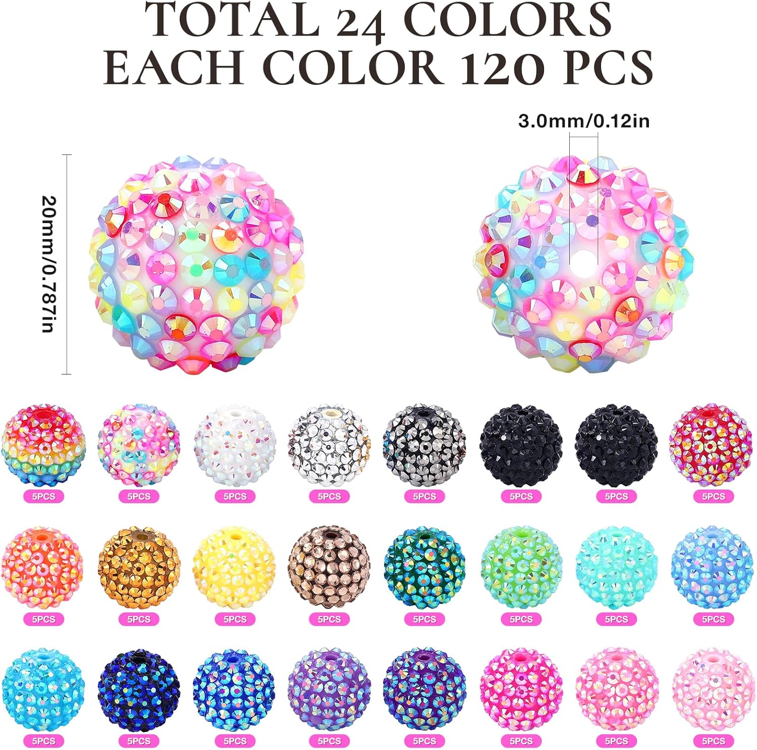 120pcs 20mm Rhinestone Beads, 24 Colors Round Crystal Resin Rhinestone Disco Ball Chunky Bubblegum Beads for Pens, DIY Jewelry Making, Bracelets, Necklace - Image 4