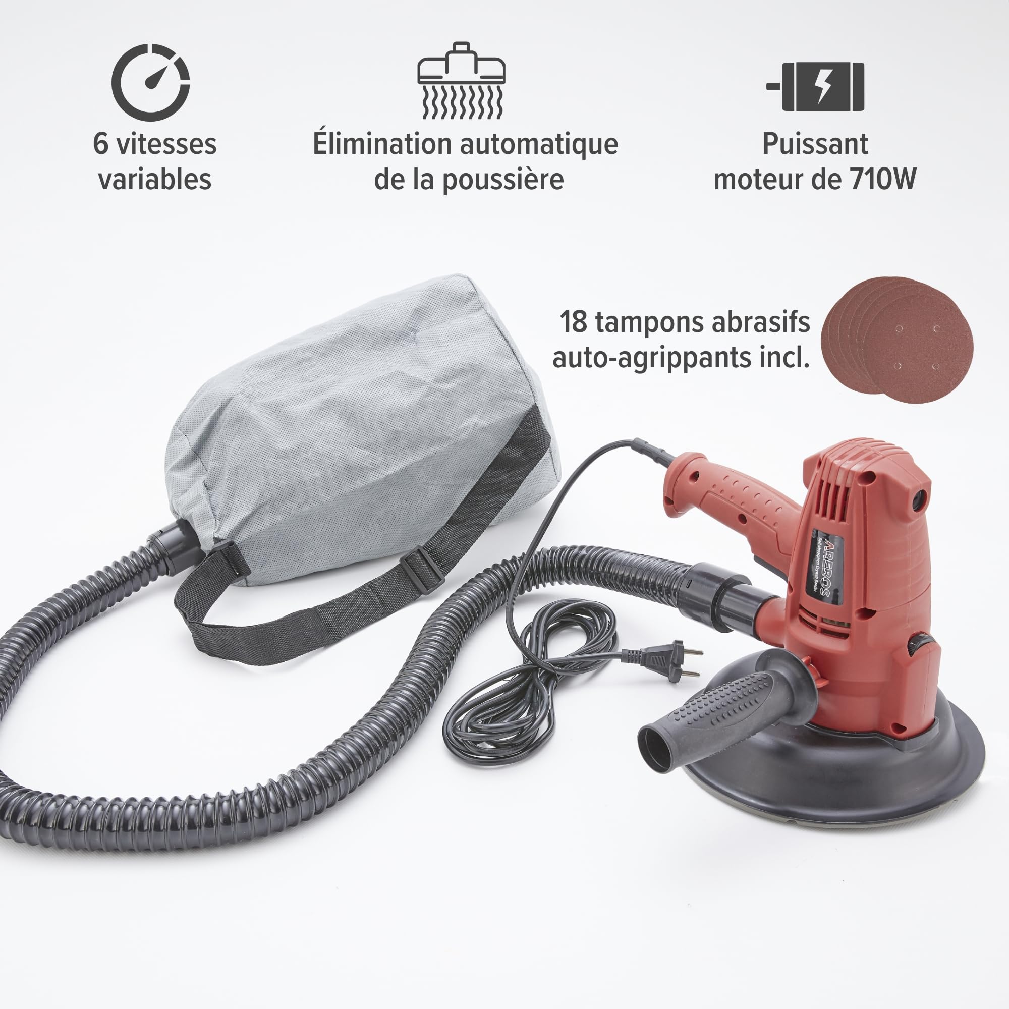 Arebos Ponceuse de plafond 710W avec aspiration et 18x papier abrasif | 6 vitesses | 1.500-3.000 t/mn | Ponceuse pour cloisons sèches/Ponceuse murale