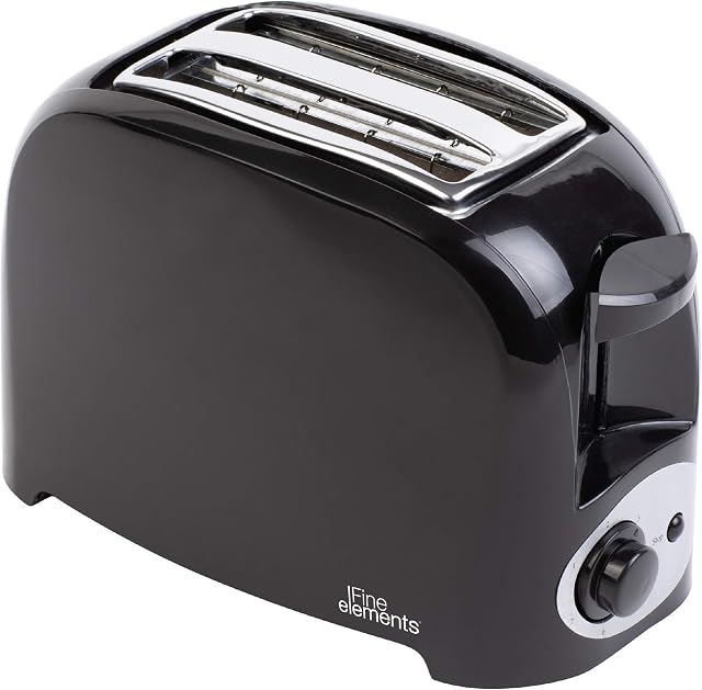 Fine Elements SDA1674 Black Plastic 200w Toaster with Variable Browning Control and Slide Out Crumb Tray for Easy Cleaning, Cool Touch Body and Stop Function for Automatic Pop
