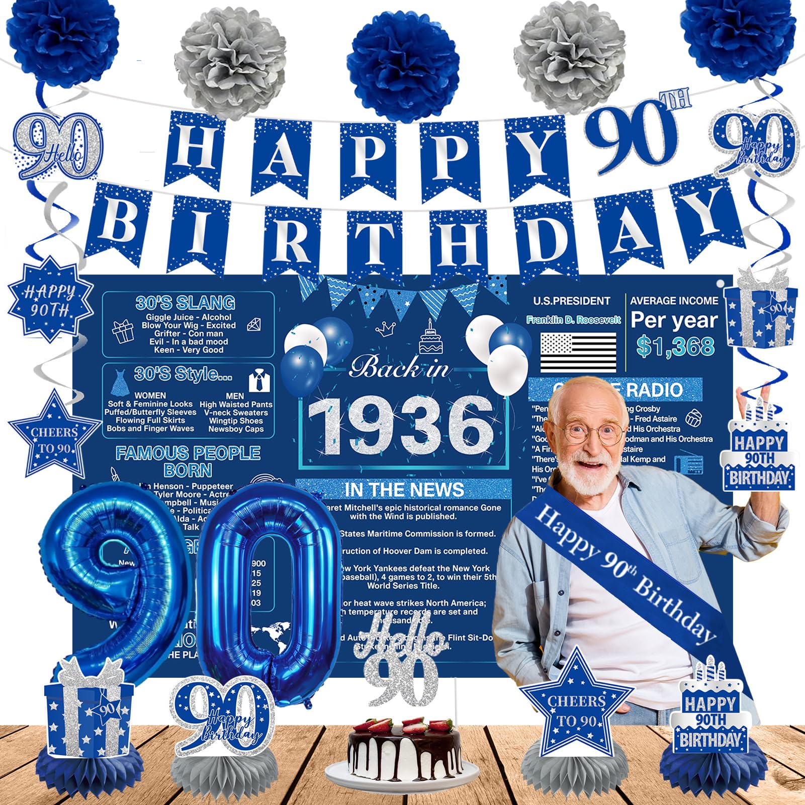 Crenics Blue 90th Birthday Decorations Kit