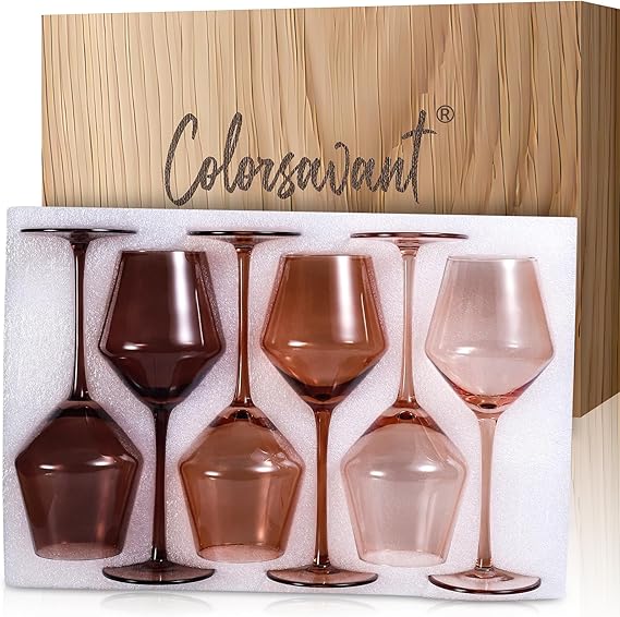 Venus Wine Glasses Set 6-16oz Melanin Colored Wine Glasses with Stem【HandBlown】 Amber Wine Glasses Set,Unique Brown Wine Glasses for Home Deco