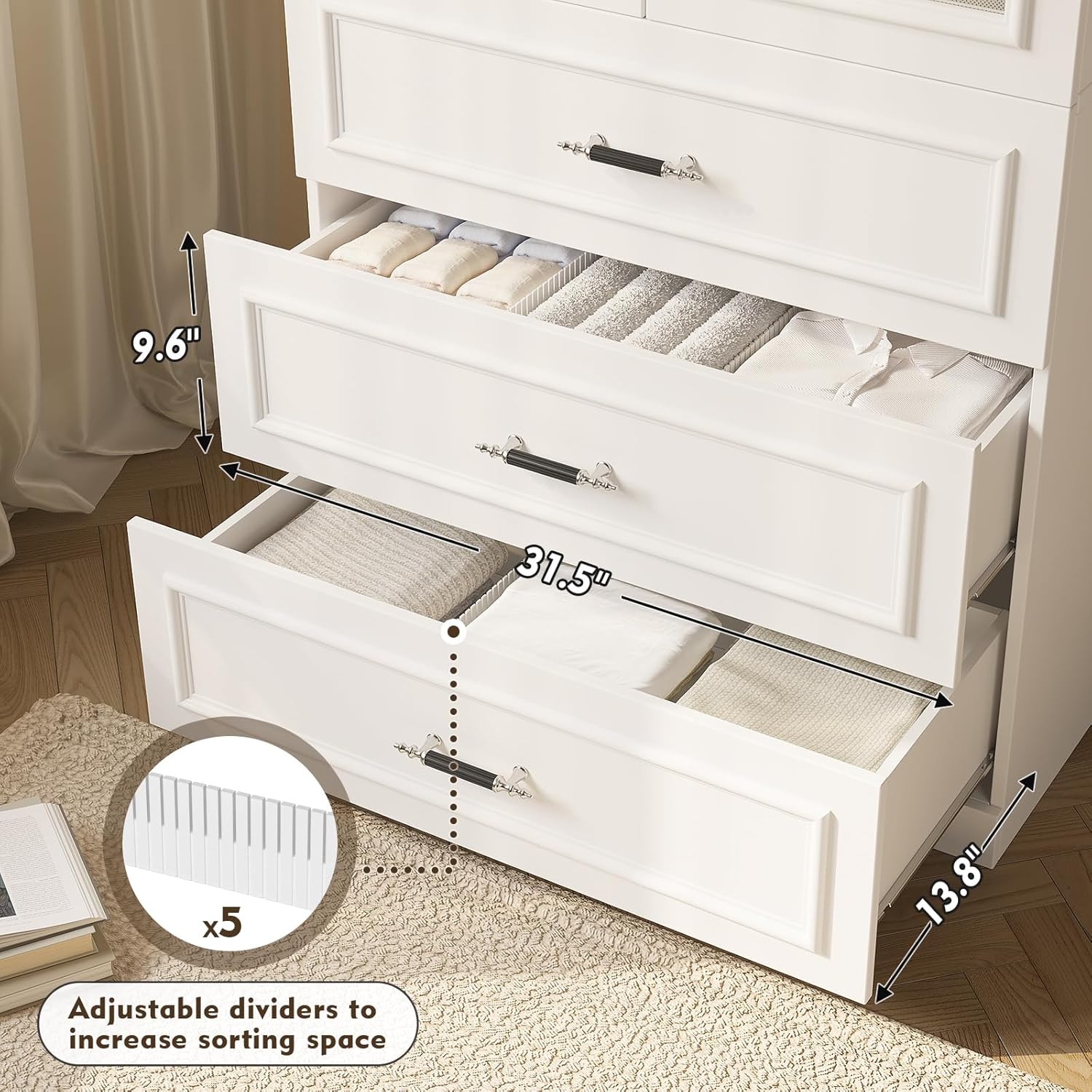 MEISSALIVVE Armoire Wardrobe Closet with 2 Door & 3 Drawers, 74.8" Large Wardrobe Cabinet with Hanging Rod, Freestanding Modern Bedroom Armoire Storage Cabinet, White