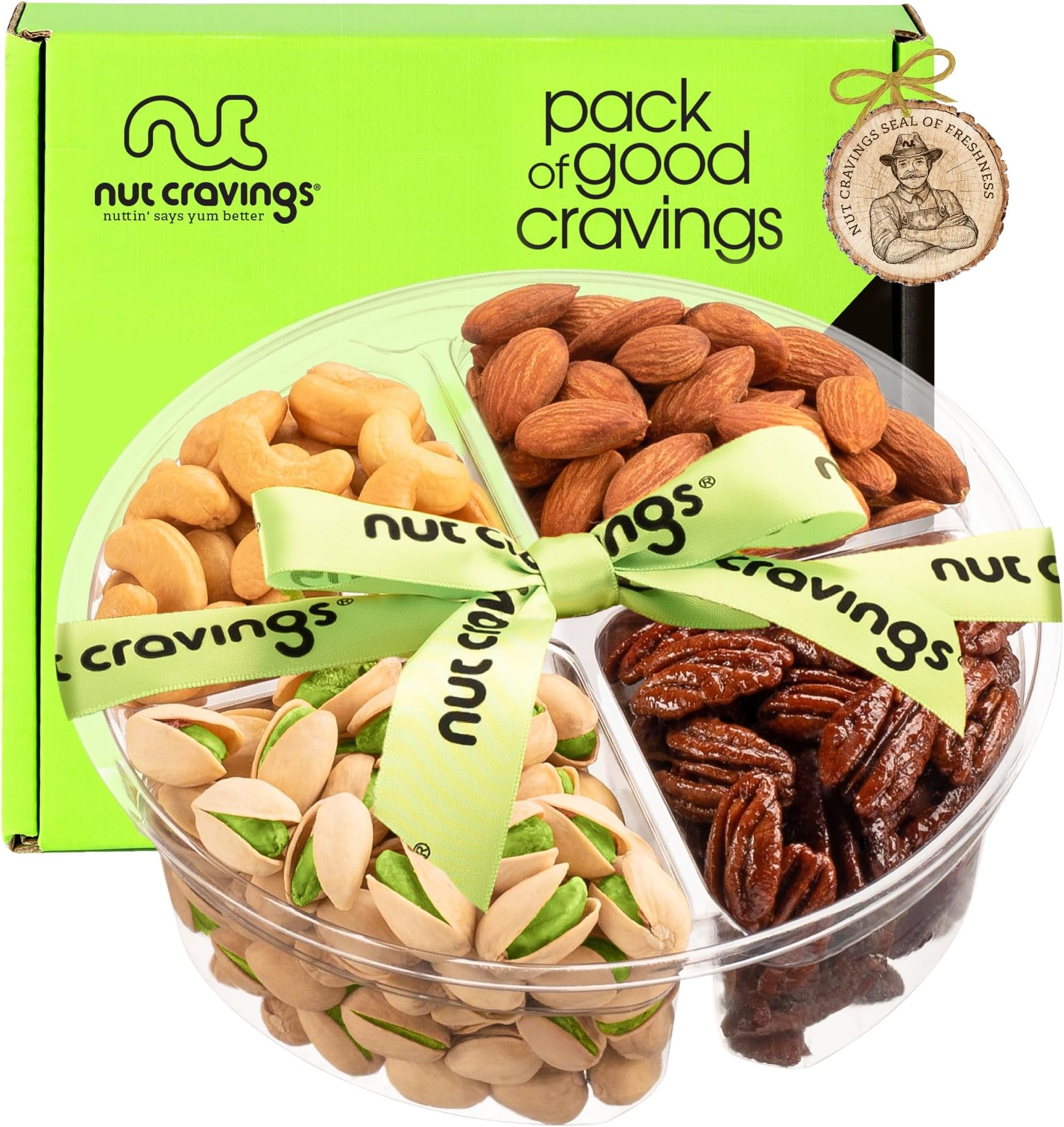 Mothers Day Treats, Mixed Nuts Gift Basket + Green Ribbon (4 Assortments) Treats for Adults, Food Arrangement, Healthy Snack Care Package, Kosher
