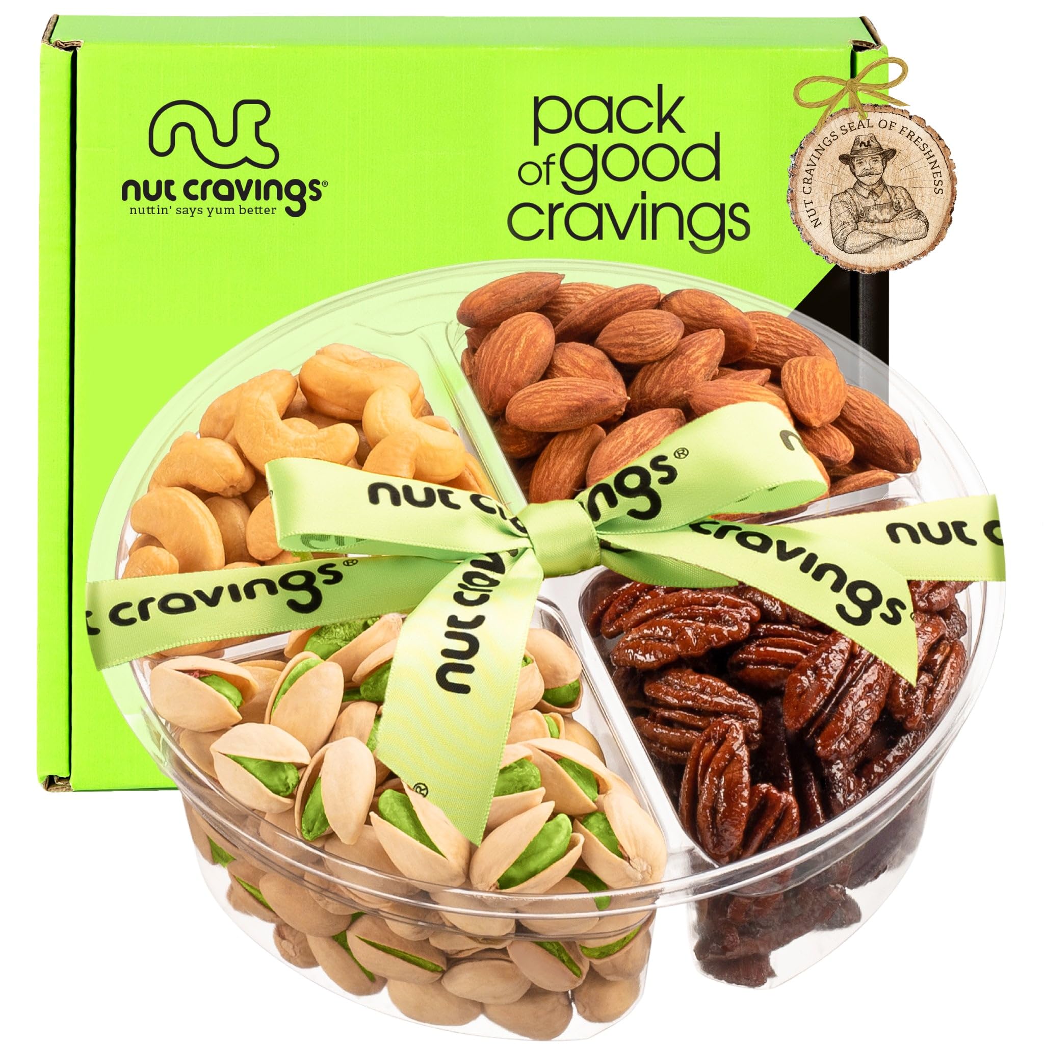 NUT CRAVINGS - Diwali Sweets Hamper Mid-Autumn Festival Mixed Nuts Gift Basket + Green Ribbon (4 Assortments) Food Arrangement, Healthy Snack Care Package, Food Assortments