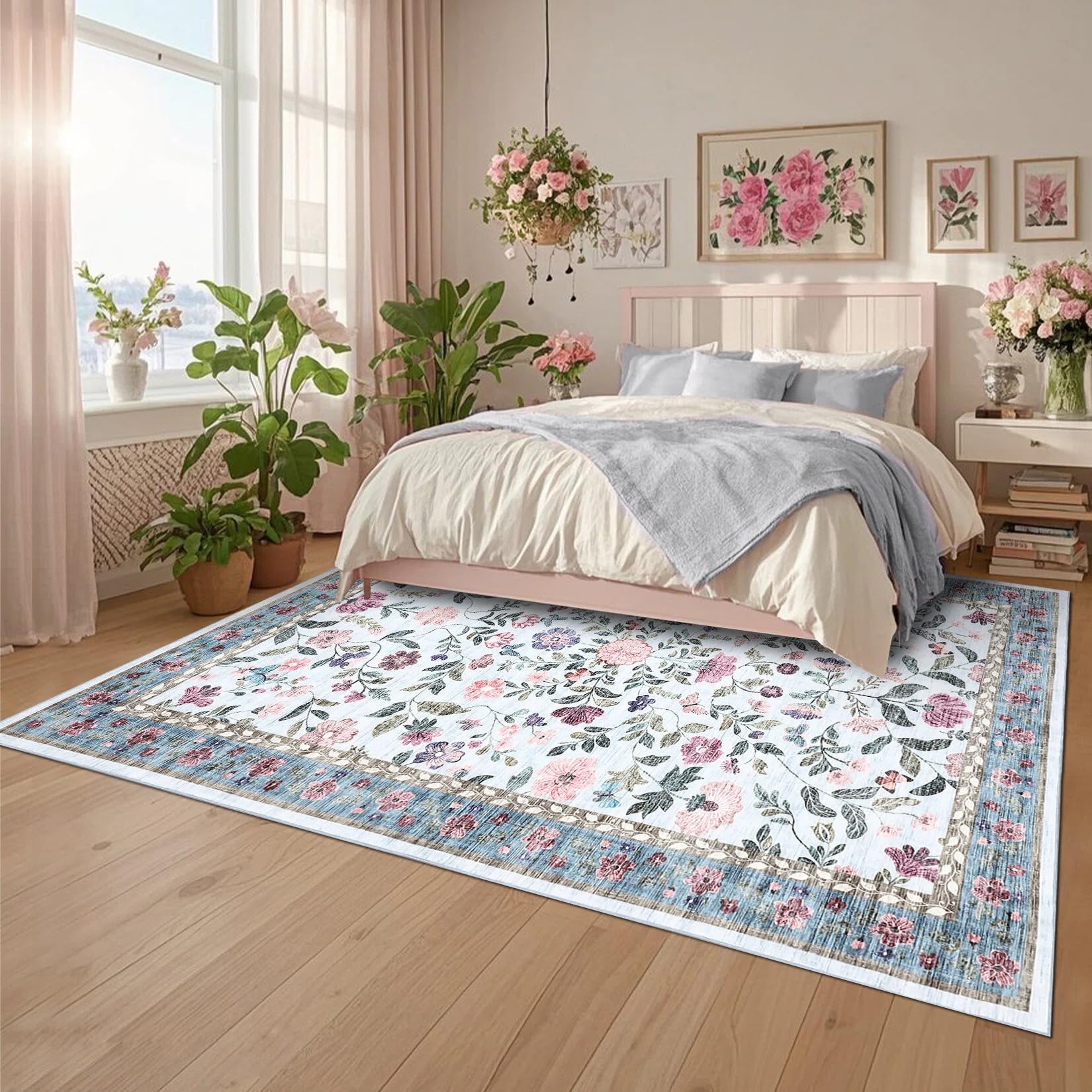 CAROMIO Vintage Blumenmuster Teppich Wohnzimmer 160x230 cm Kurzflor Blau | Waschbarer Teppich Blumenmuster, Vintage Kurzflor Boho Rutschfest Faltbar