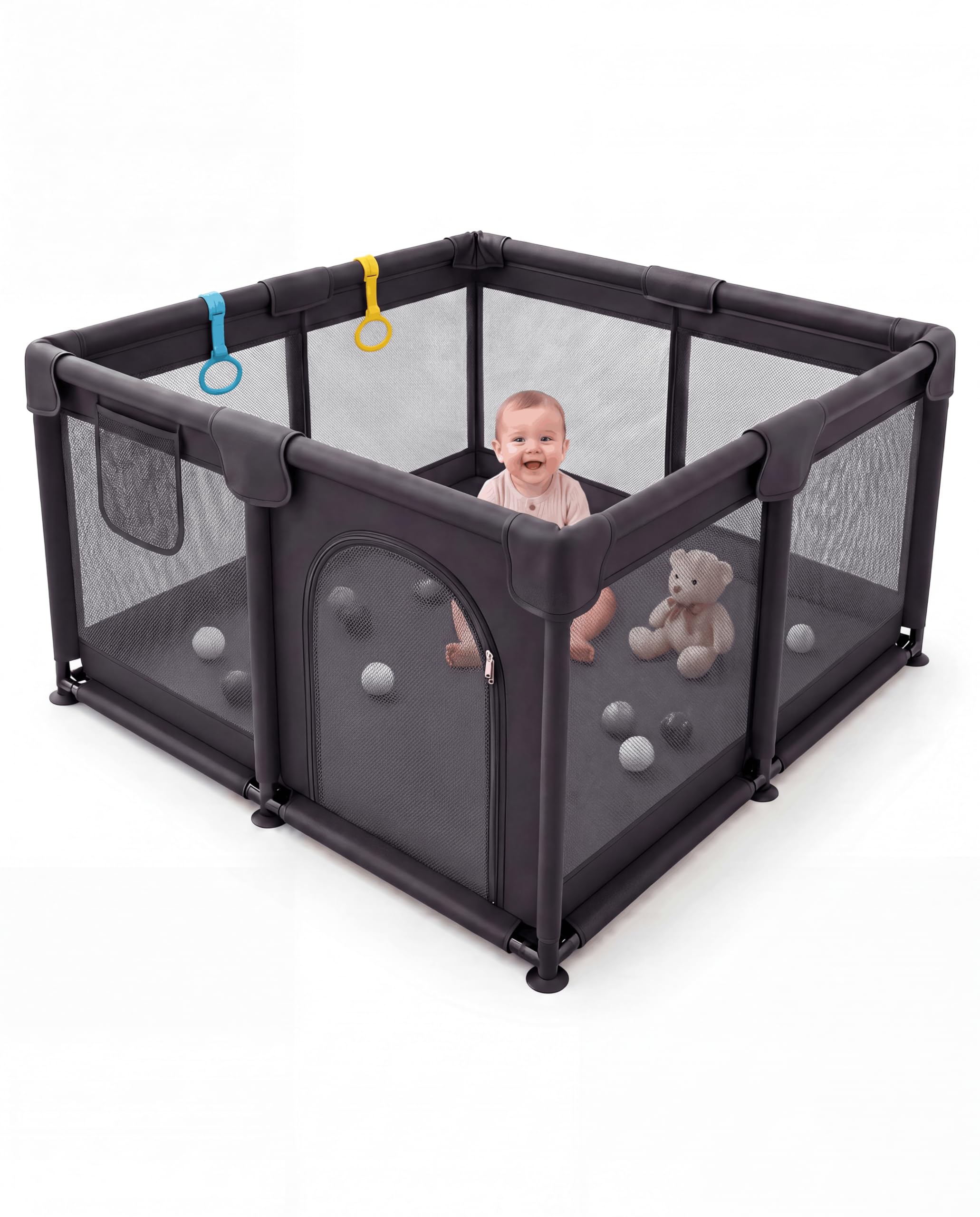 Playpen for Baby and Toddlers, Padded Baby Play Pen with Visible Breathable Mesh, Easy Assembly Infant Fence Barrier, Indoor Playard, Nursery Furniture for Babies 120X120cm (Black)