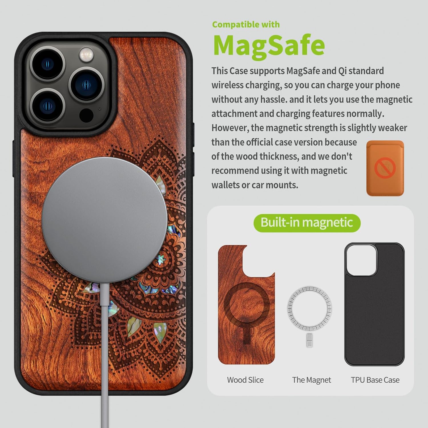 Carveit Designer Wooden Protective Magnetic Case for iPhone 14 Pro Max Case [Wood Engraving & Shell Inlay] Compatible with 14 Pro Max MagSafe (Mandala Art-Rosy)