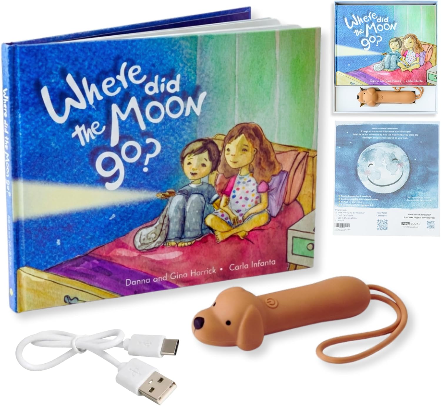 Living Squad Where Did the Moon Go? Kids Book & Flashlight Gift Set - Interactive Shadow Play, Bedtime Story to Calm Fear of the Dark, Rechargeable Puppy Light, Montessori Sibling Toy Ages 2-9