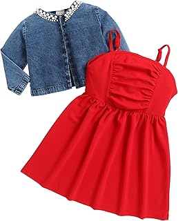BRIGHT STARS KIDSWEAR Girls Spaghetti Strap Party Dress with Pearl Embellished Denim Jacket, Sleeveless Flared A-Line Dres...