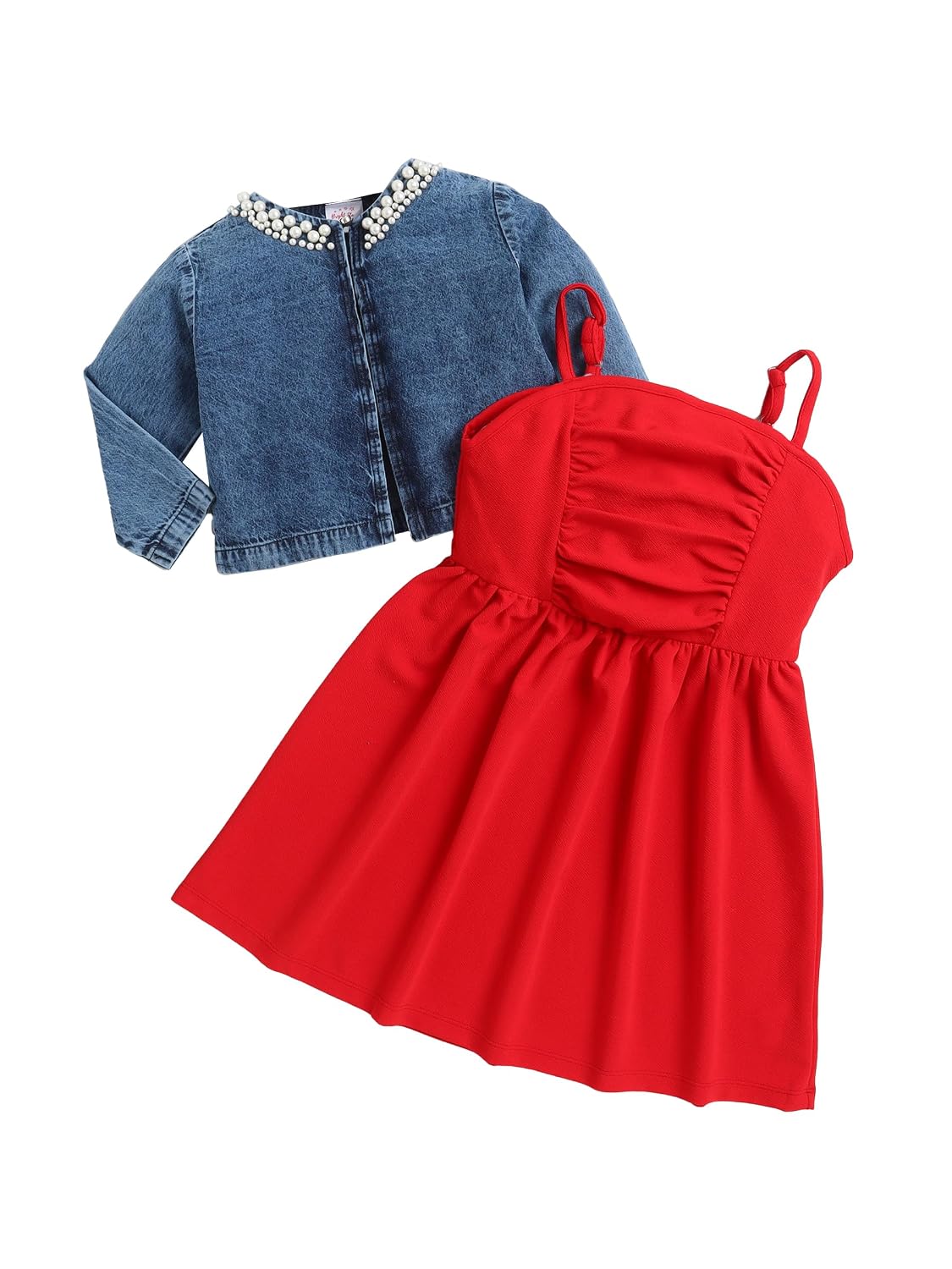 BRIGHT STARS KIDSWEAR Girls Spaghetti Strap Party Dress with Pearl Embellished Denim Jacket, Sleeveless Flared A-Line Dres... - Review, Price and Buying Guide