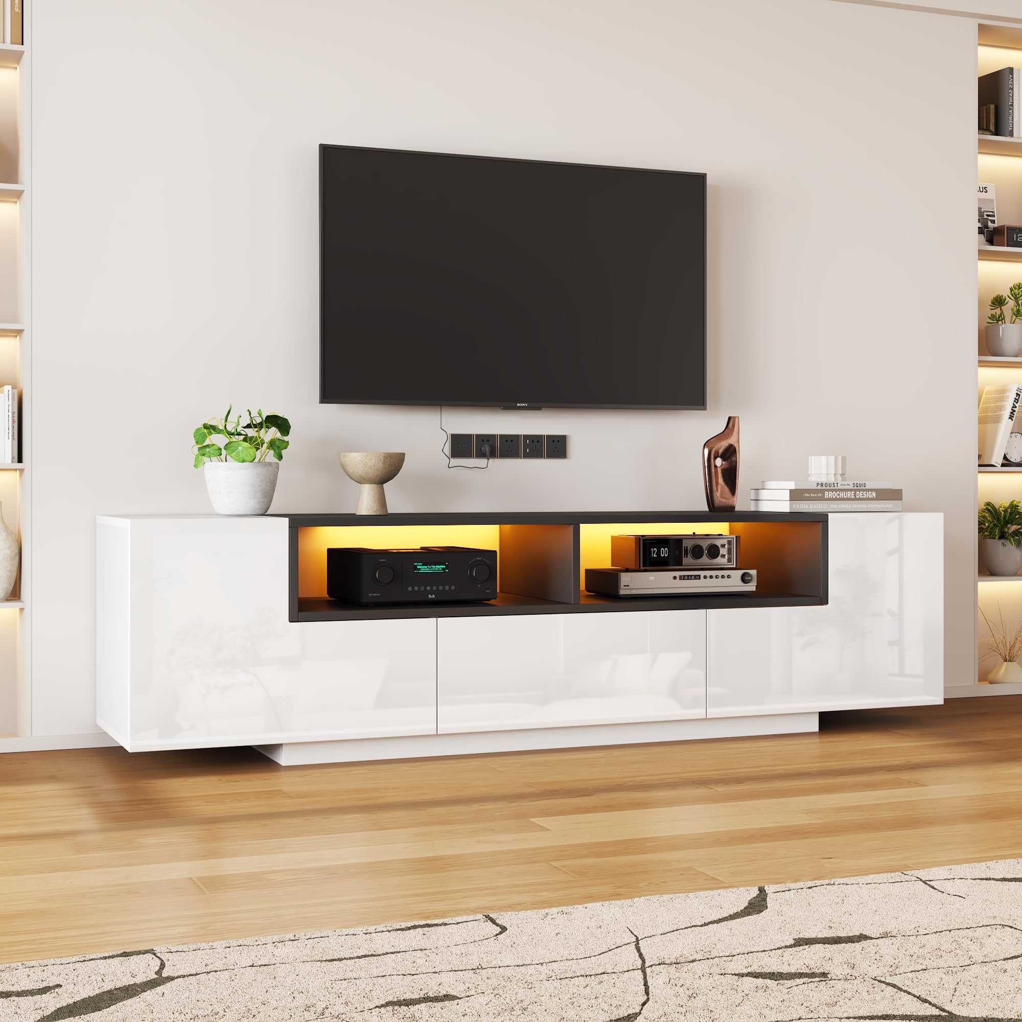 Meuble TV avec Lumières LED et Tiroirs, Armoire de Télévision avec 2 Portes Form L et Espace de Rangement Ouvert, Meuble Télé de Salon, Armoire Basse Salle de Séjour Intérieur (Blanc-4W)
