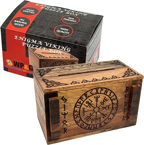 Enigma Viking Secret Puzzle Box – Dinero y tarjetero de regalo en una cerradura de madera IQ Trick con compartimentos ocultos Brainteaser