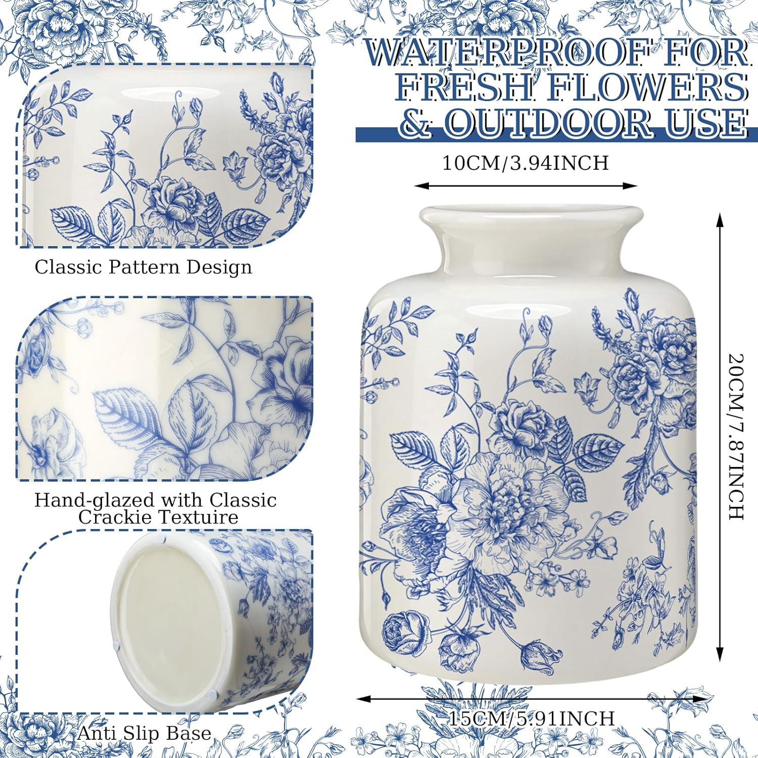 Vintage Blue and White Floral Vase 7.8 Inch Retro Chinoiserie Rustic Flower Vase Large Ice Cracked Ceramic Holder for Home Bookshelf Office Living Room Farmhouse Table Centerpieces Decor
