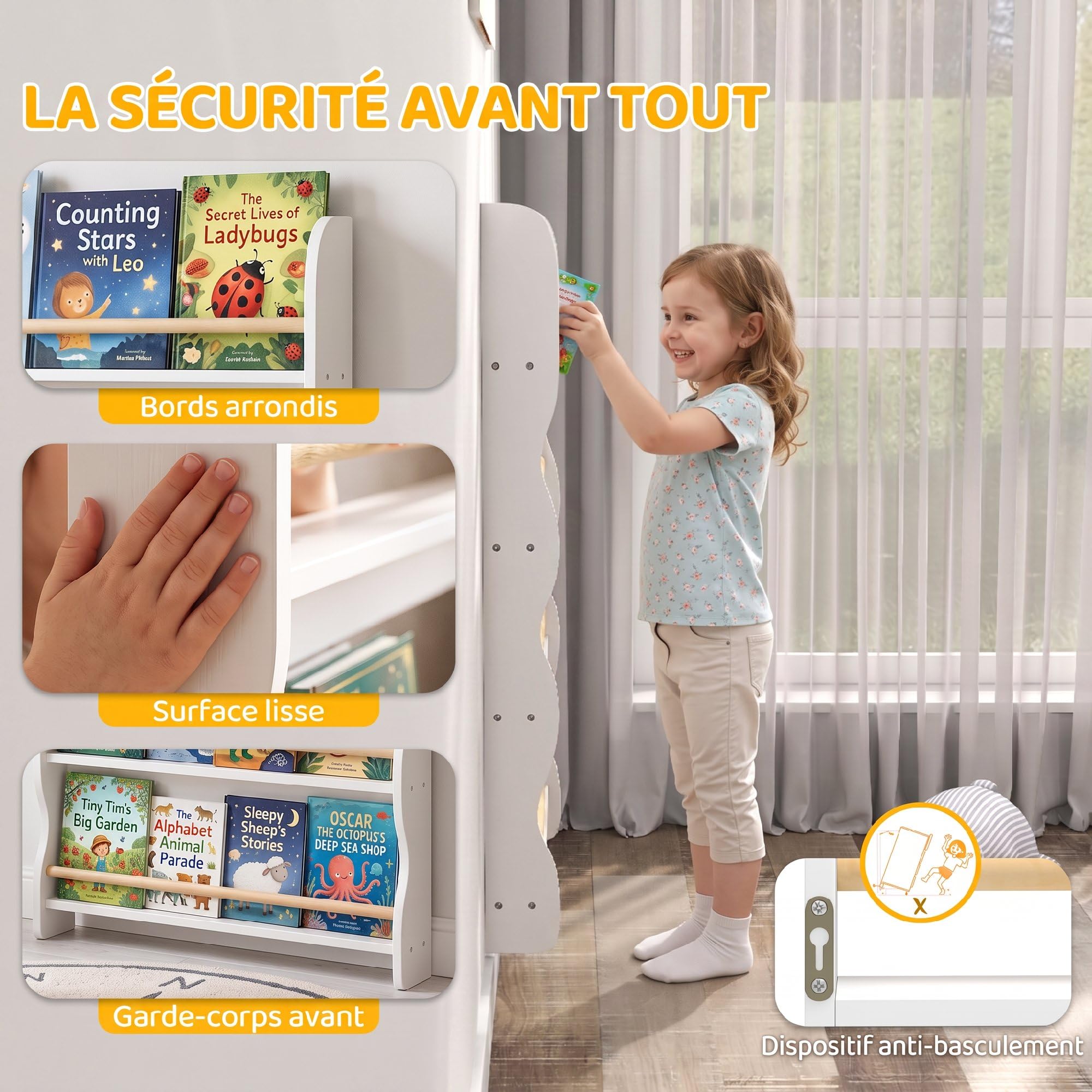 AIYAPLAY Bibliothèque Murale pour Enfant,Rangement Livre 4 Niveaux, Blanc