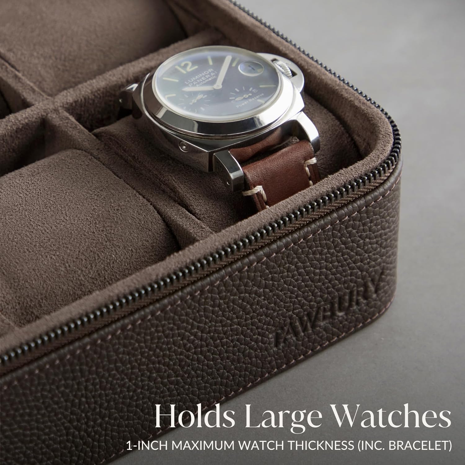 TAWBURY Watch Case - 4 Slot Genuine Top-Grain Leather Watch Box for Men & Women with Extra Wide Pillows for Large Watches - Portable Wristwatch Storage for Home & Travel (Brown)