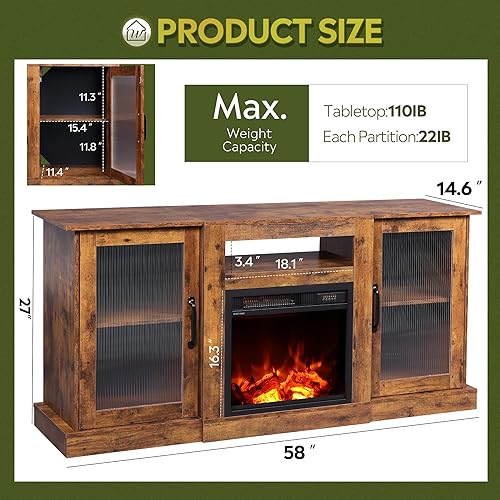 Miniatura 3 de WLIVE Soporte de TV con chimenea para TV de 65 pulgadas, centro de entretenimiento con chimenea eléctrica de llama realista 3D, consola de TV con