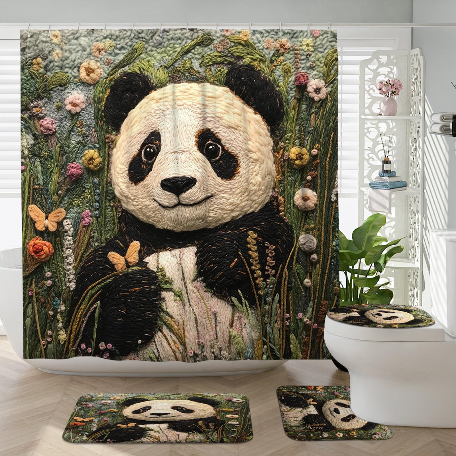 4PCS Spring Panda Themed Bathroom Accessory Sets with Non-Slip Rug, U Shape and Toilet Lid Cover Mat, Novelty Flowers Floral Bathroom Fabric Decor-72''x72''