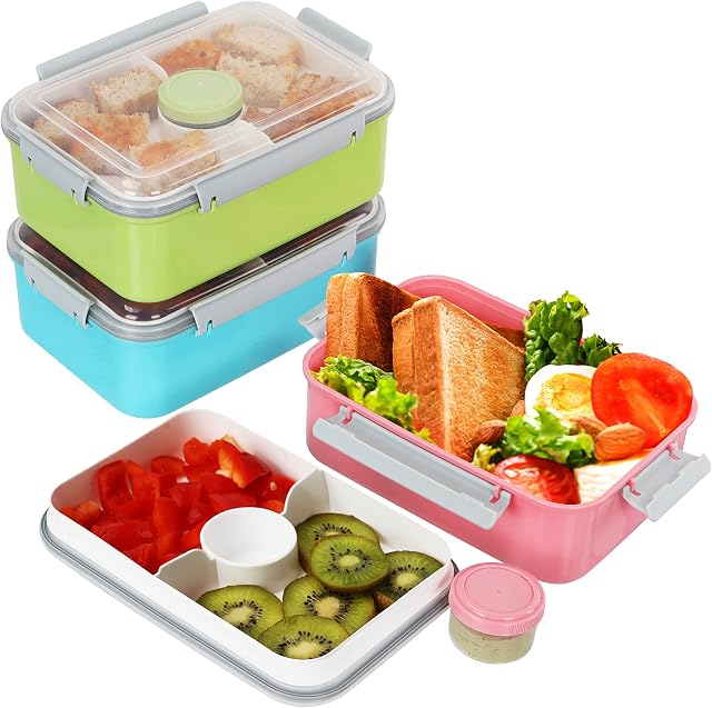 FRESHLY CONTAINED 3 Pack of Plastic Food Containers with Removable Tray & Dressing Pot - 1070ml/38oz BPA-Free Reusable Bento Lunch Boxes with Lids -Microwave/Freezer/Dishwasher Safe Food Prep Storage