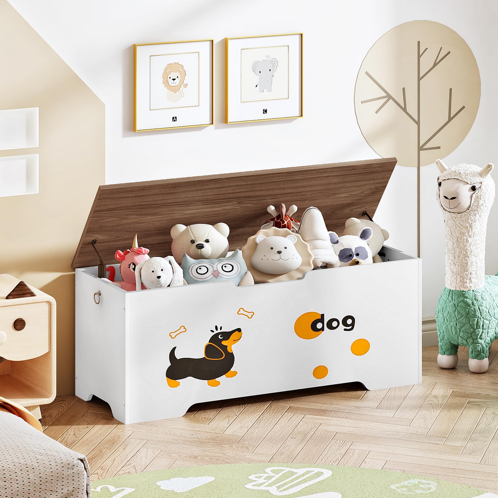 HOOBRO Cassapanca Bambini con Motivo Cane, Baule Giocattoli con 2 Maniglie Sicurezza, 110 x 40 x 49,4 cm, Panca Contenitore Stile Rustico Ingresso, Camera Letto, Soggiorno, Bianco e Noce EWH495CW01