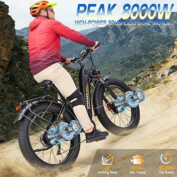 8000W Peak Dual Motor Electric Bike for Adults,Max 50MPH 26 Fat Tire Ebike | 58V Max-Output Battery Up to 100Mi Range,Adjustable Stem,Front & Rear Turn Signal,Hydraulic Brakes E Bicycle for Off-Road