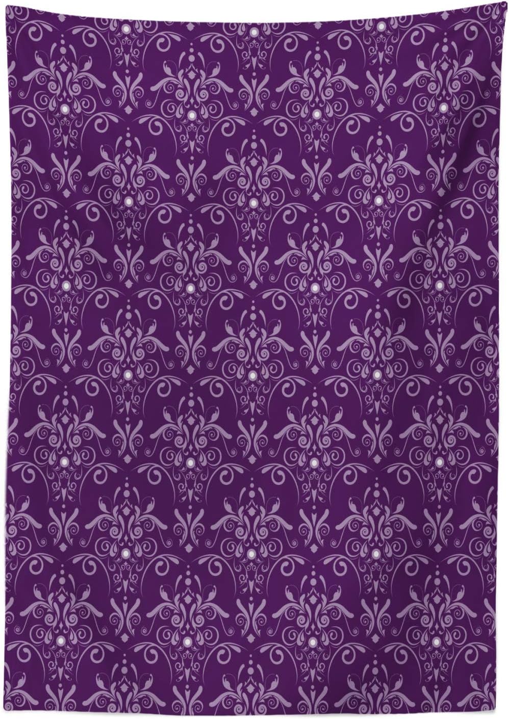 Ambesonne Eggplant Tablecloth, Damask Pattern with Symmetrical Abstract Leaves and Swirls Forming Unified Look, Rectangular Table Cover for Dining Room Kitchen Decor, 60" X 84", Purple Lilac