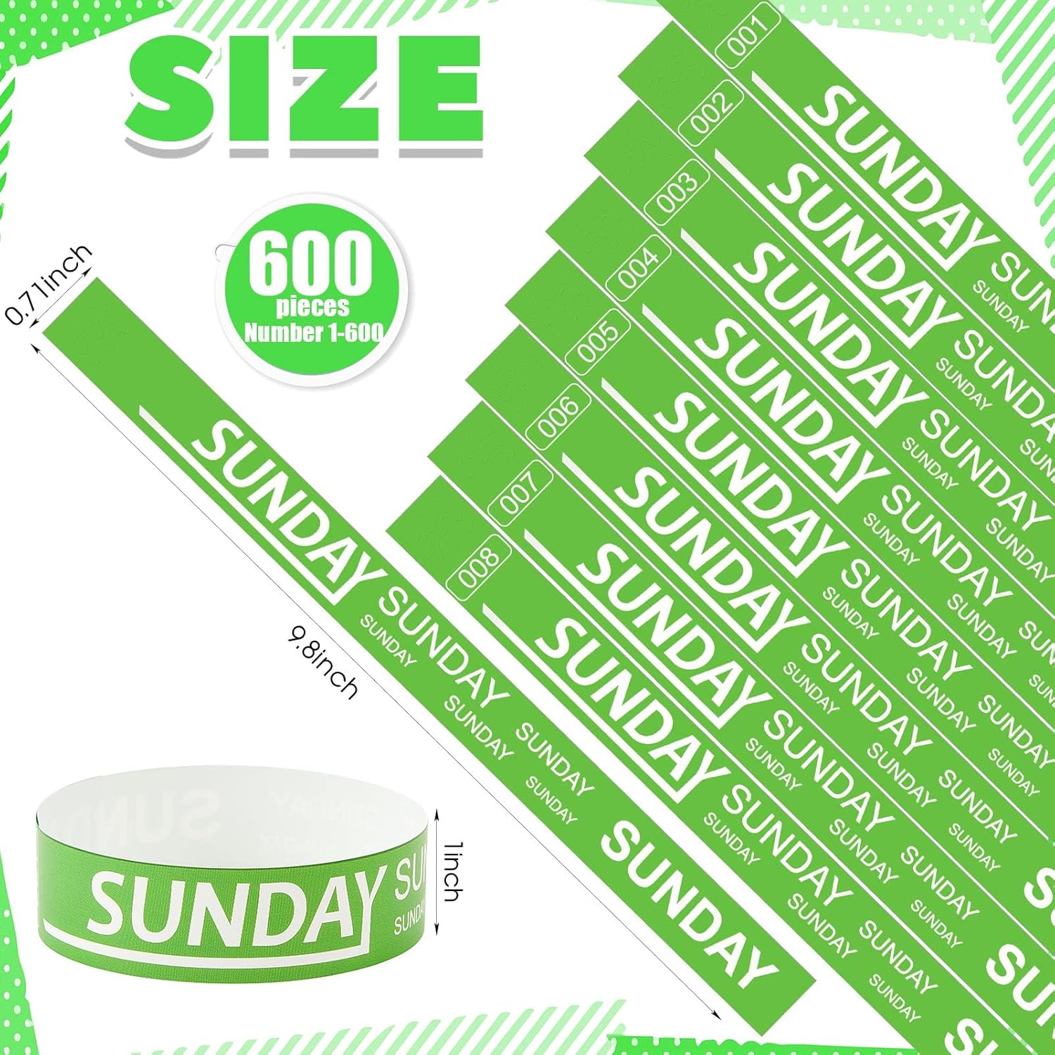 Henoyso 600 Pcs Sunday Paper Wristbands Event Paper Bracelets Numbered Waterproof Party Day of the Week for Adult Party(Green)