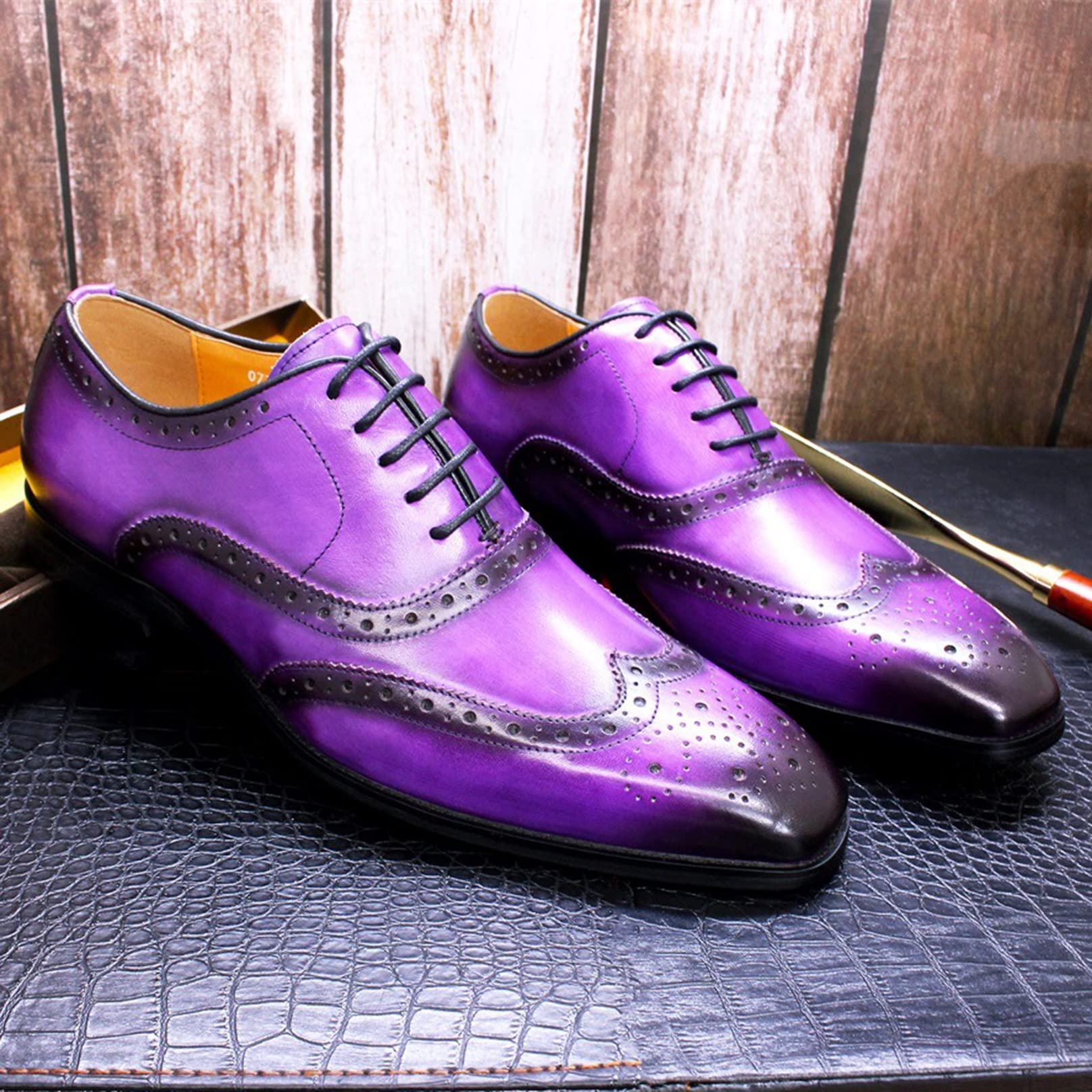 TTiiLoe Mens Genuine Leather Shoes Fashion Lace Up Brouges Oxfords for Business Formal Dress Wedding Party (Color : Purple, Size : 38) : Clothing, Shoes & Jewelry