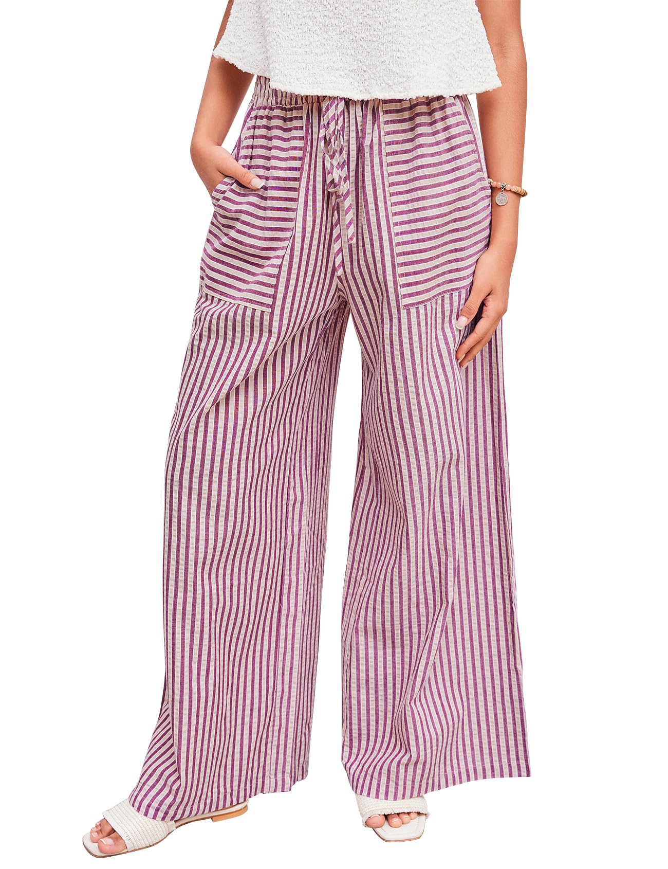 PEHMEA Womens Striped Wide Leg Pants Cotton Mid Rise Drawstring Loose Casual Palazzo Trousers with Pockets