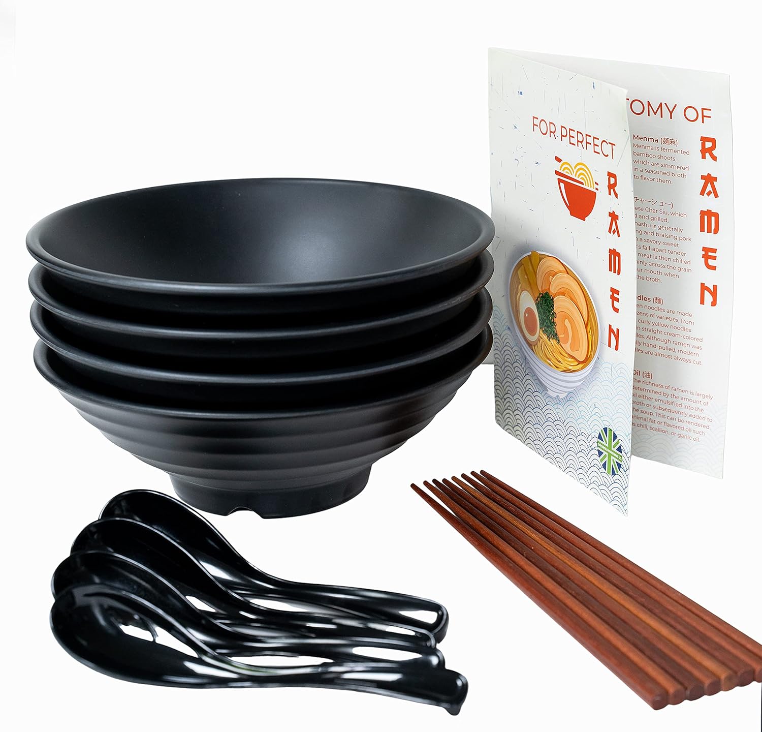 Large Ramen Bowl Melamine Noodle Bowl Set - Asian, Chinese, Japanese or Pho With Soup Spoons and Chopsticks Complete Large Ramen Noodle Bowl Set of 4-49.5 Oz