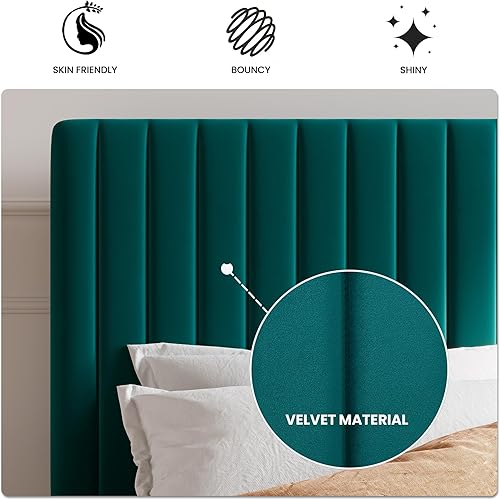 Miniatura 6 de SHA CERLIN - Base de cama con plataforma tapizada y cabecera ajustable de tela de terciopelo con capitoné de canal vertical, king, con lamas de