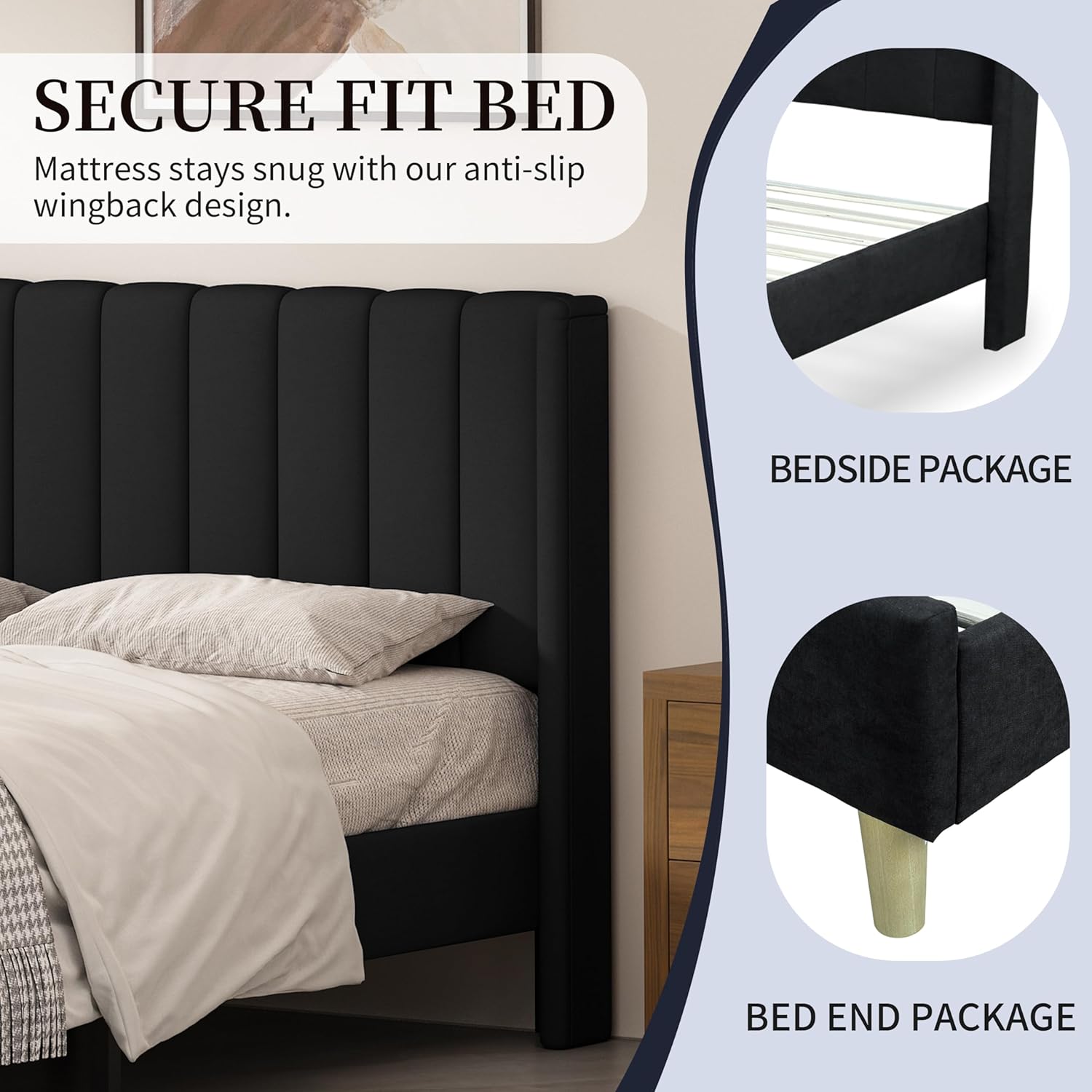 Queen Bed Frame with Headboard, Platform Bed Frame with Linen Vertical Channel Tufted Wingback, Wooden Slat Support, No Box Spring Needed, Easy Assembly, Upholstered Mattress Foundation, Black
