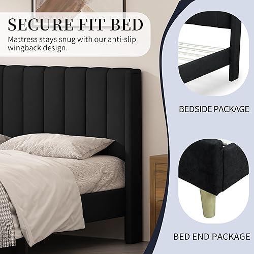 Miniatura 7 de Base de cama tapizada de tamaño matrimonial con respaldo moderno y cabecera de panel vertical, tela de lino, patas y listones de madera, no necesita