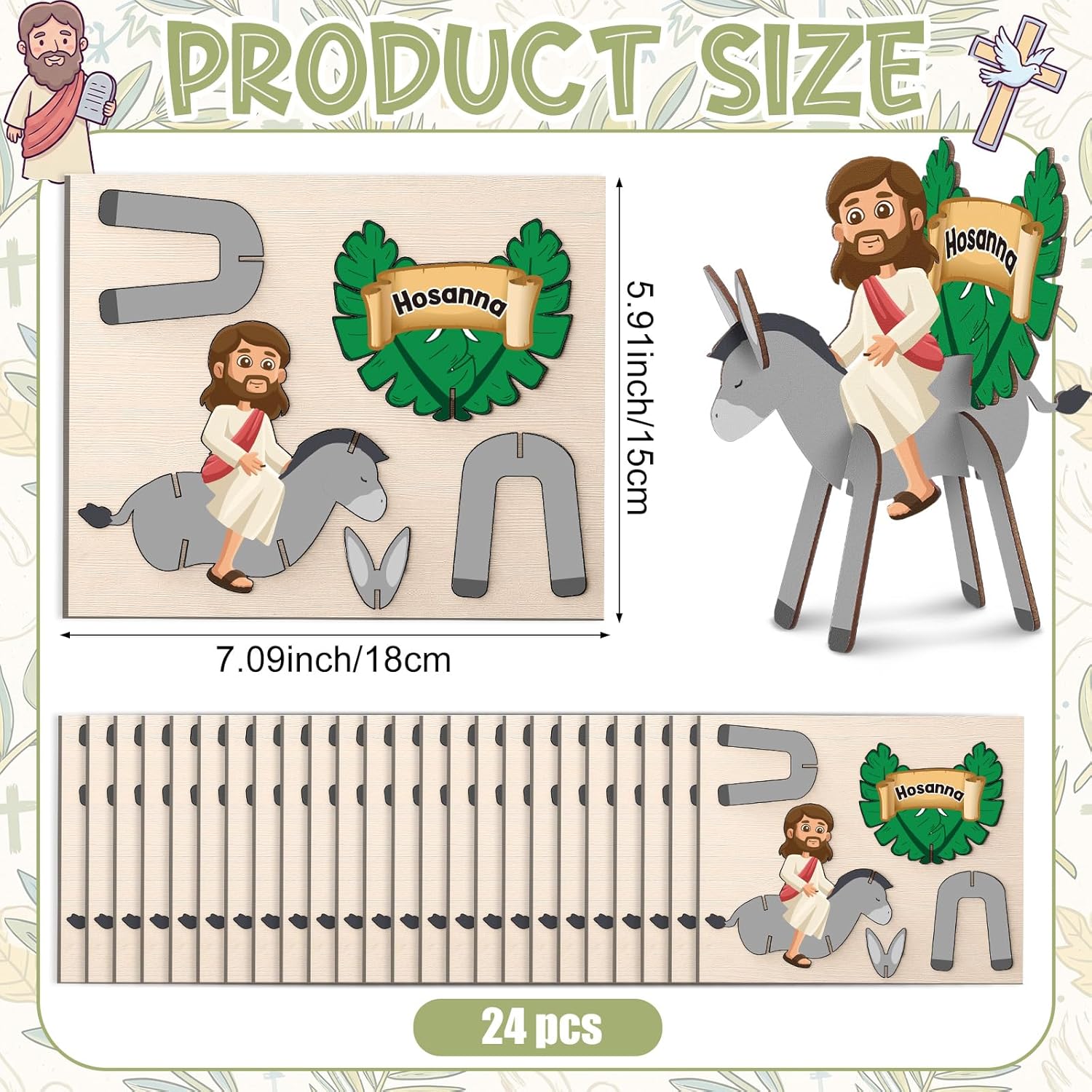 24 Pcs Easter Palm Sunday Wooden Jigsaw Puzzles Jesus Enters Jerusalem Wooden Puzzle Hosanna Palm Leaf Donkey Display for Religious Easter Day Crafts Christian Sunday School Activities